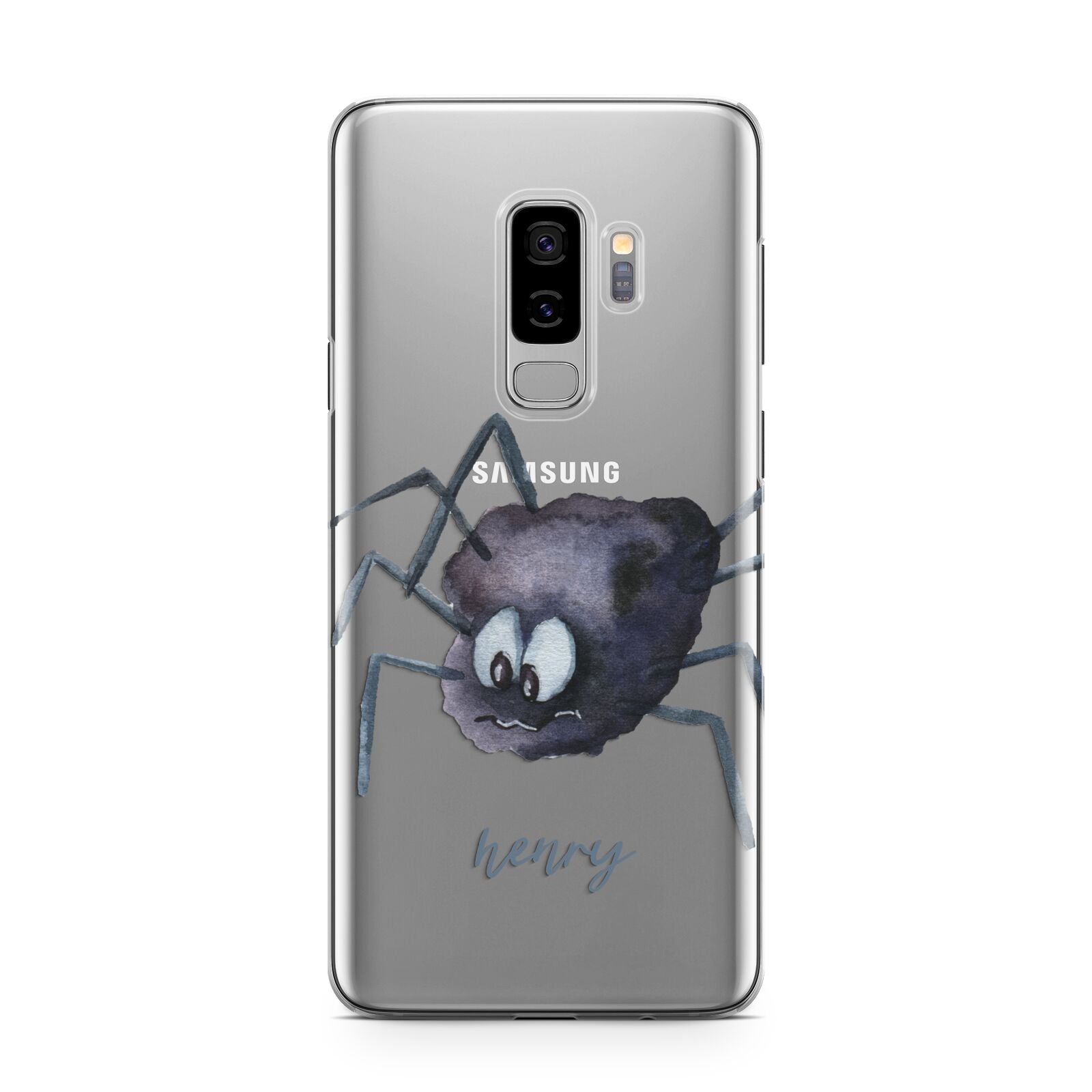 Scared Spider Personalised Samsung Galaxy S9 Plus Case on Silver phone