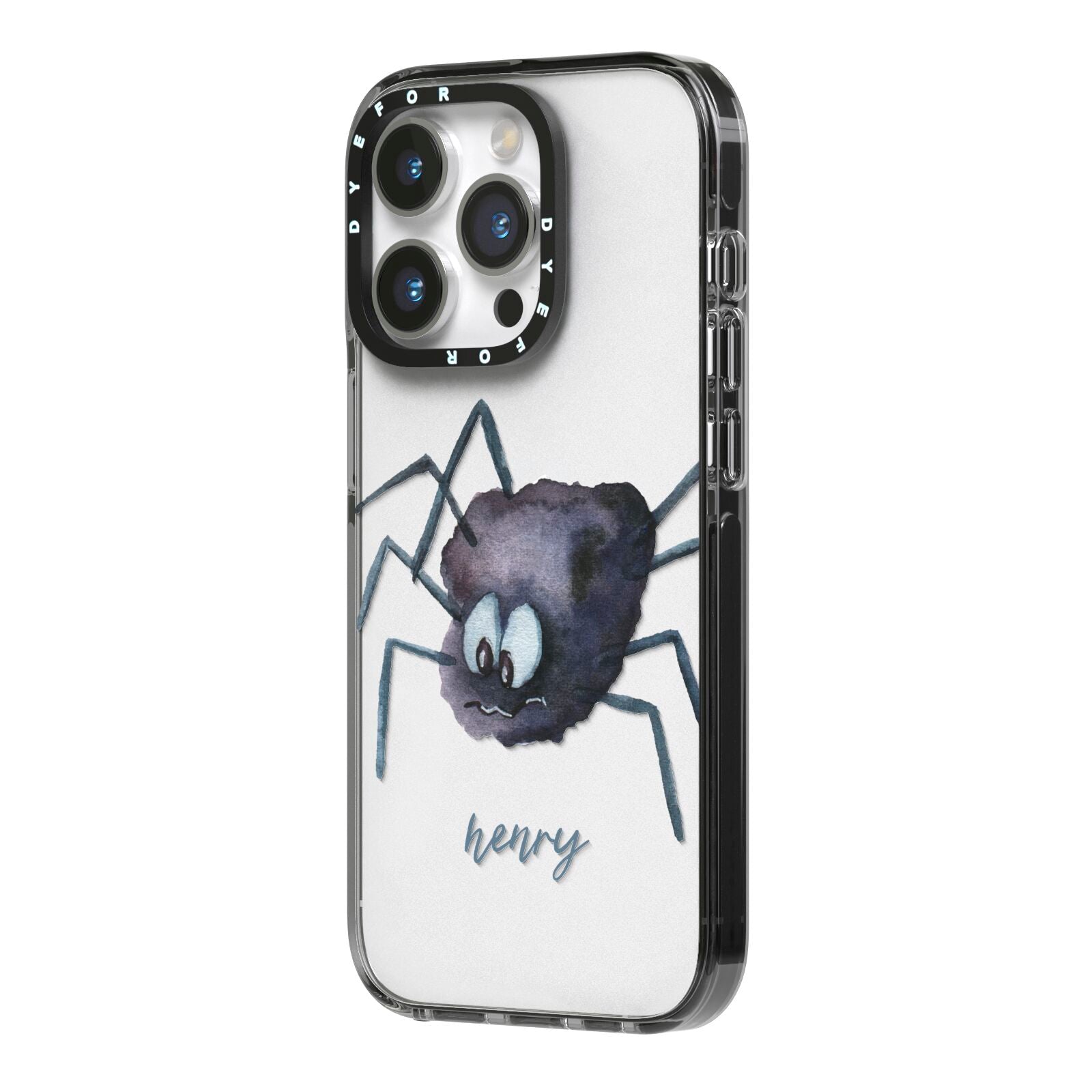 Scared Spider Personalised iPhone 14 Pro Black Impact Case Side Angle on Silver phone