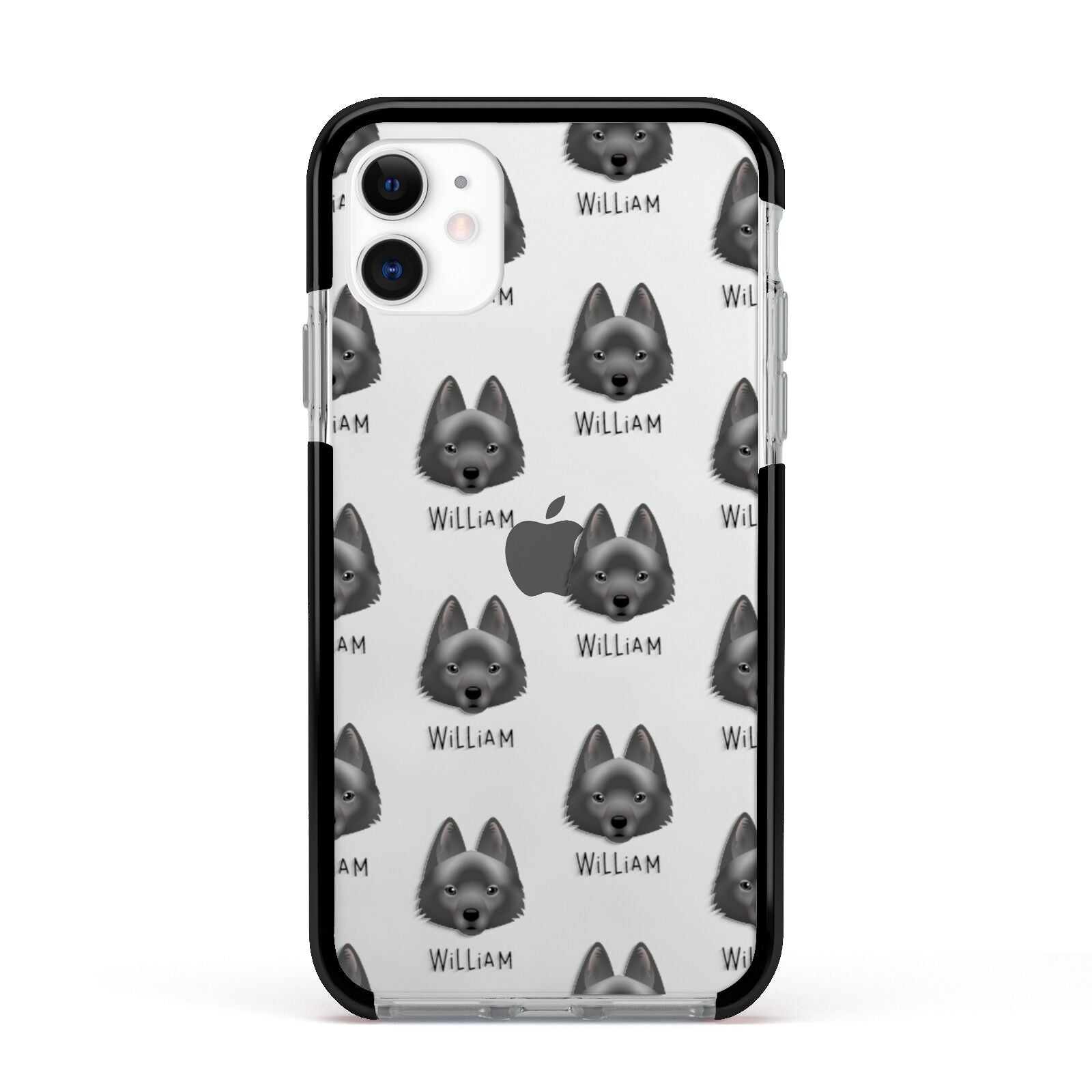 Schipperke Icon with Name Apple iPhone 11 in White with Black Impact Case