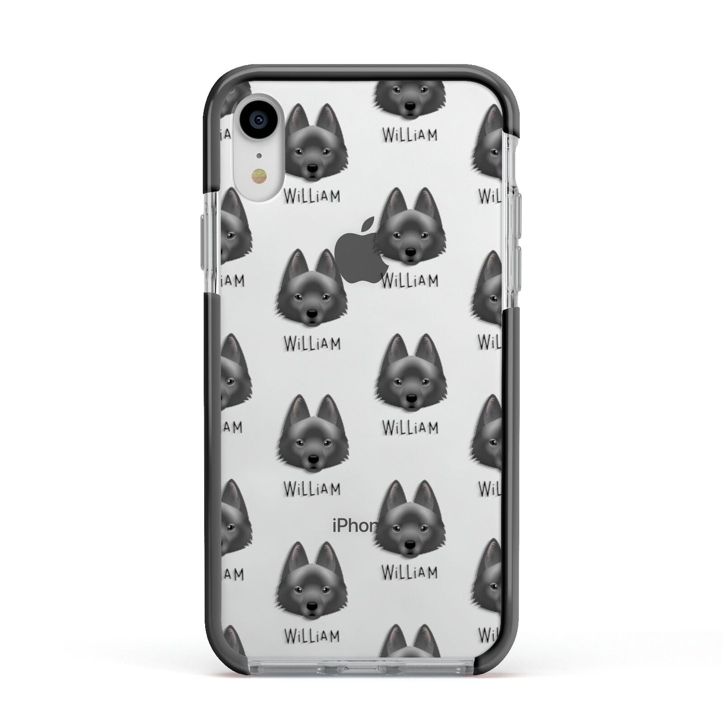 Schipperke Icon with Name Apple iPhone XR Impact Case Black Edge on Silver Phone