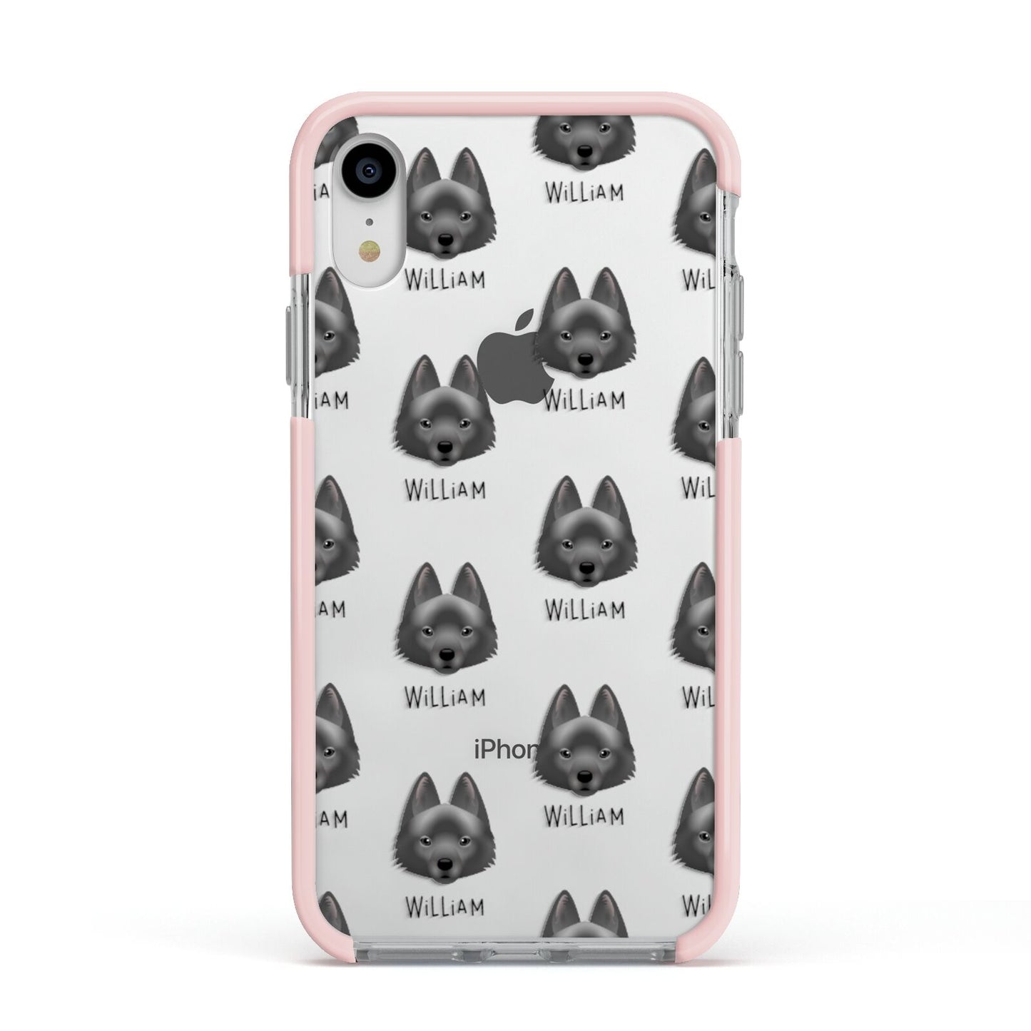 Schipperke Icon with Name Apple iPhone XR Impact Case Pink Edge on Silver Phone