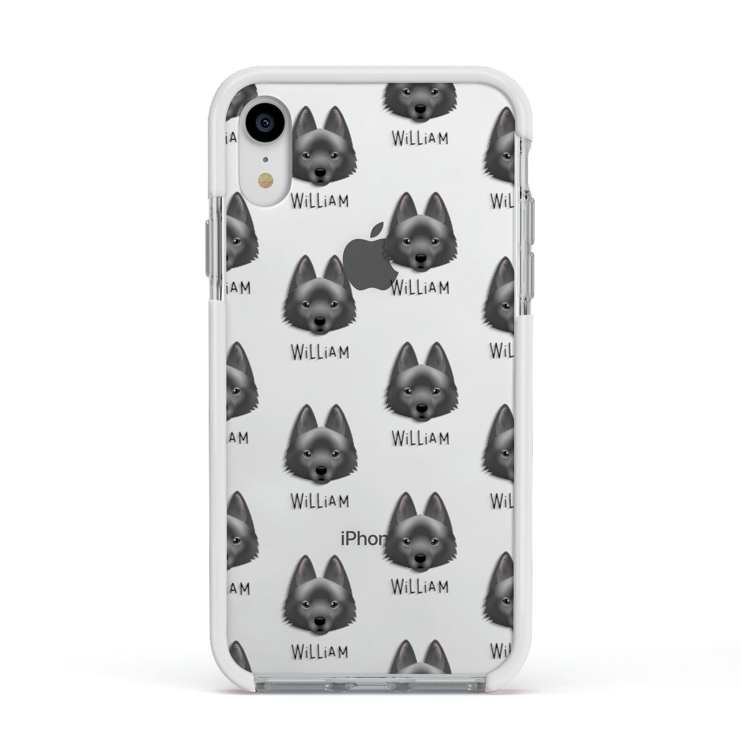 Schipperke Icon with Name Apple iPhone XR Impact Case White Edge on Silver Phone