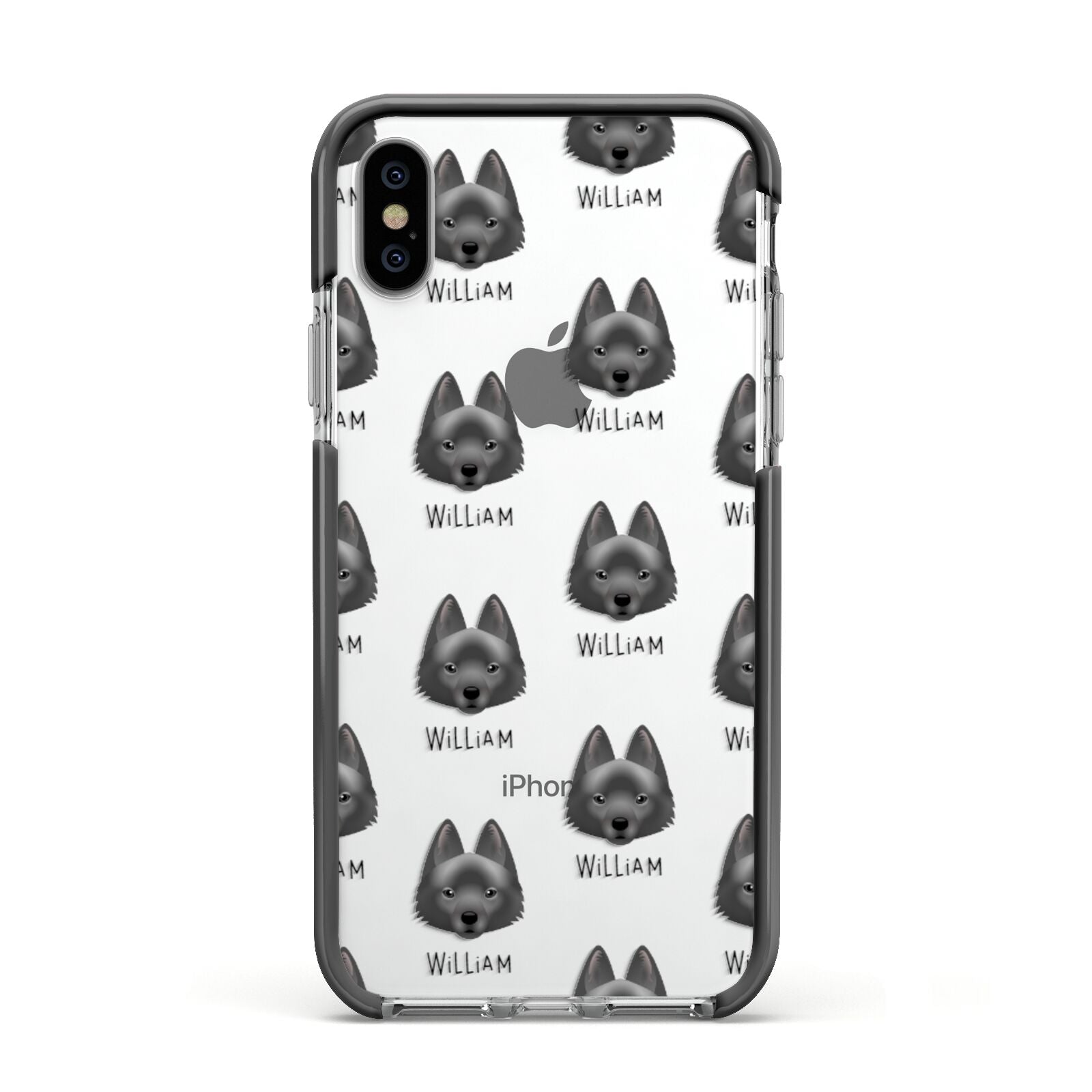 Schipperke Icon with Name Apple iPhone Xs Impact Case Black Edge on Silver Phone