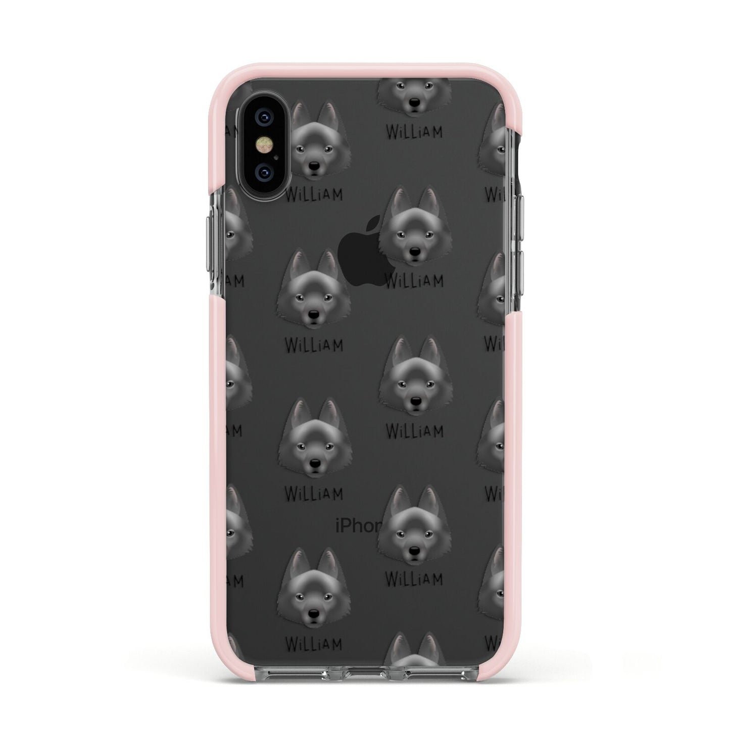 Schipperke Icon with Name Apple iPhone Xs Impact Case Pink Edge on Black Phone