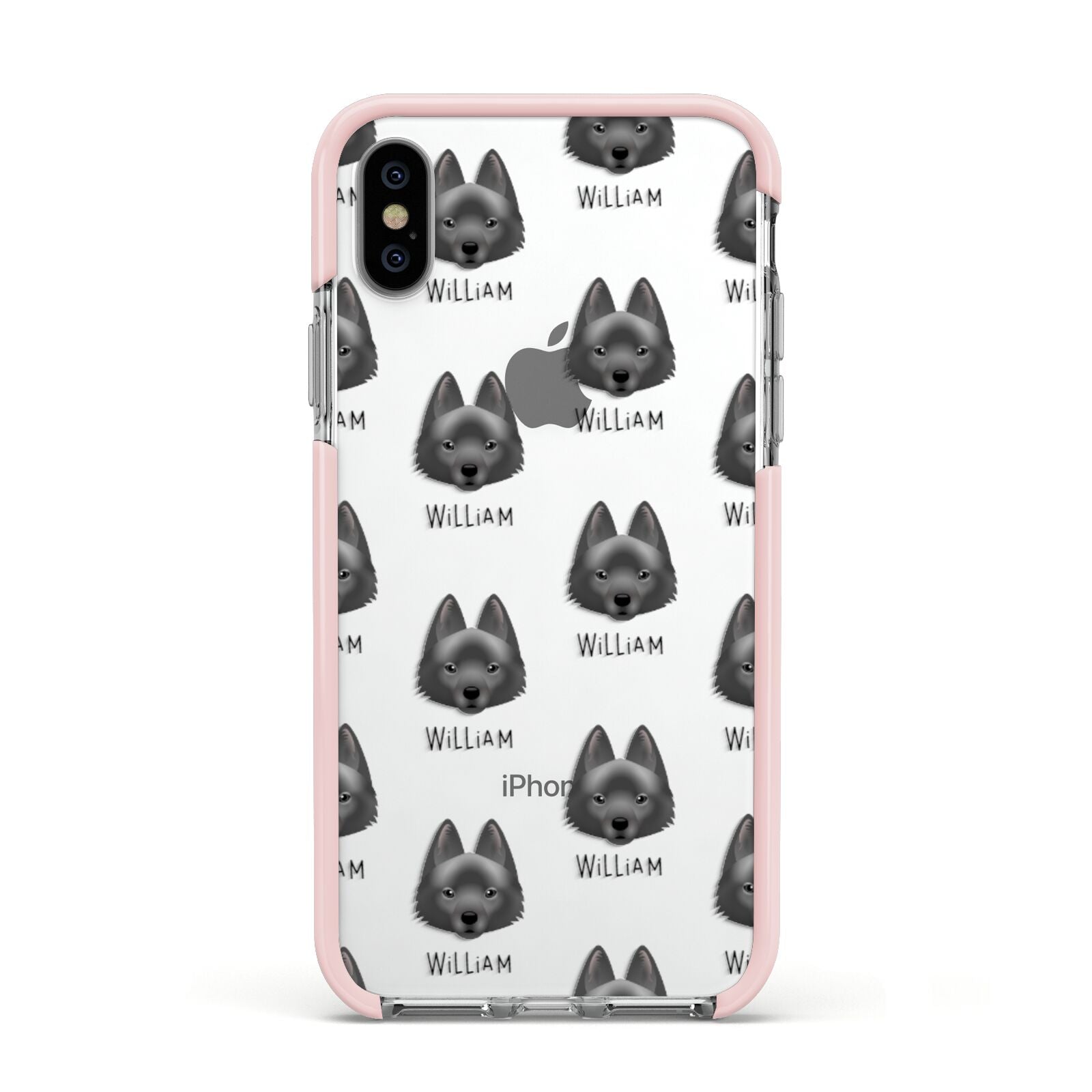 Schipperke Icon with Name Apple iPhone Xs Impact Case Pink Edge on Silver Phone