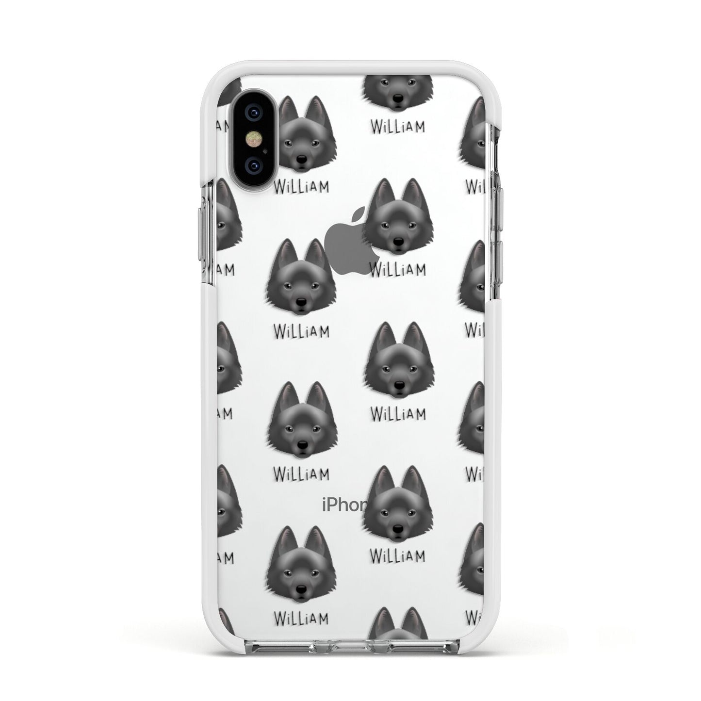 Schipperke Icon with Name Apple iPhone Xs Impact Case White Edge on Silver Phone