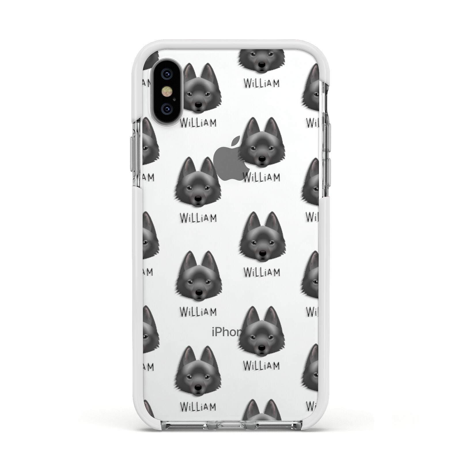 Schipperke Icon with Name Apple iPhone Xs Impact Case White Edge on Silver Phone