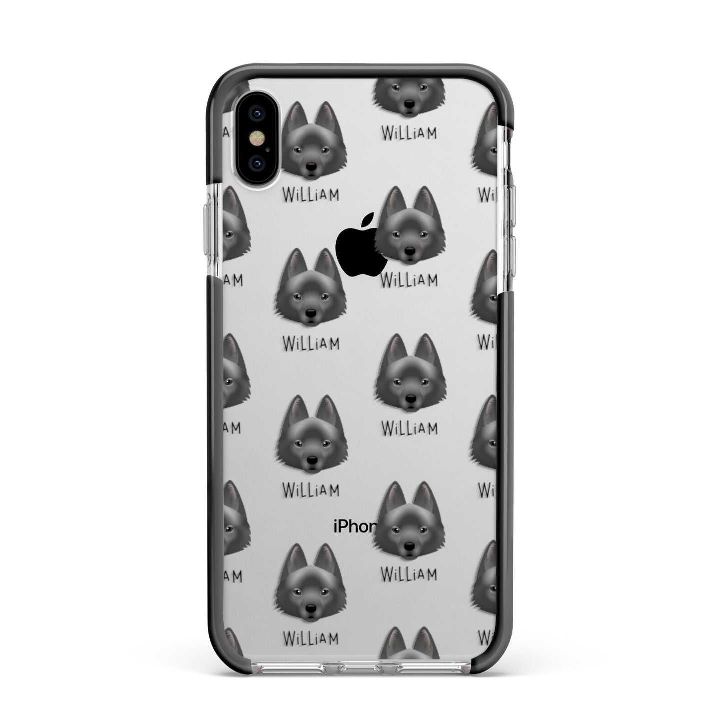 Schipperke Icon with Name Apple iPhone Xs Max Impact Case Black Edge on Silver Phone