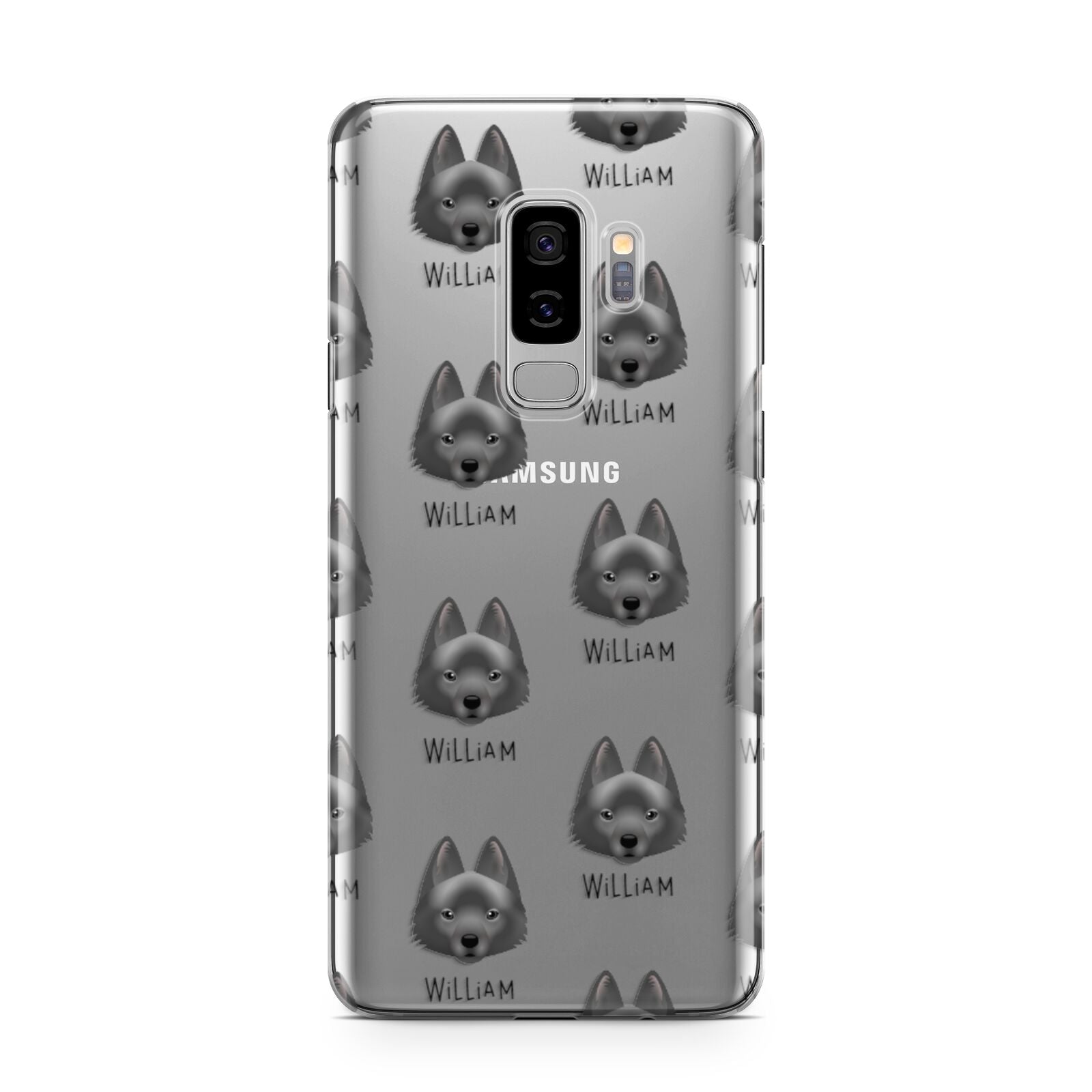 Schipperke Icon with Name Samsung Galaxy S9 Plus Case on Silver phone