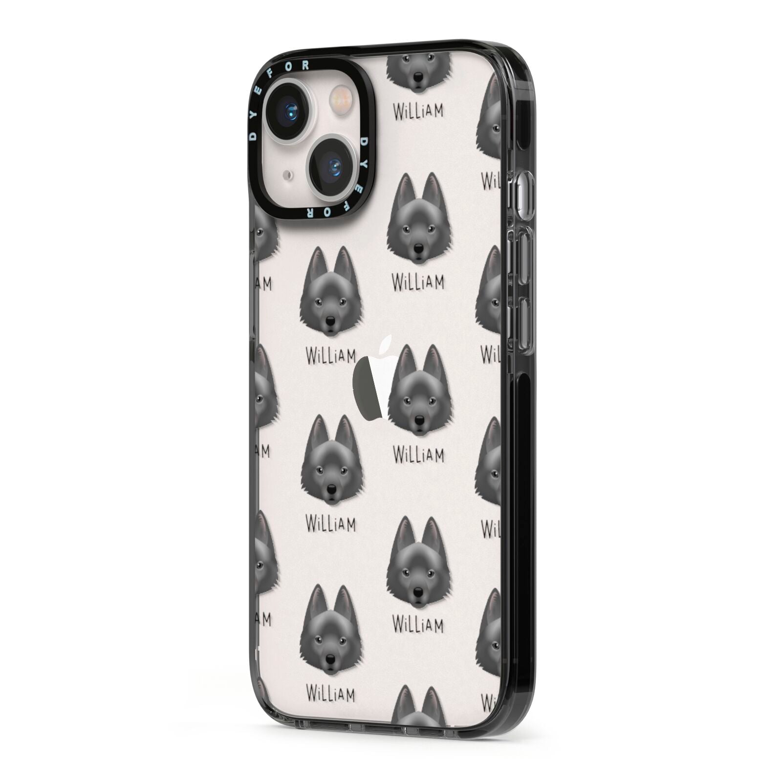 Schipperke Icon with Name iPhone 13 Black Impact Case Side Angle on Silver phone