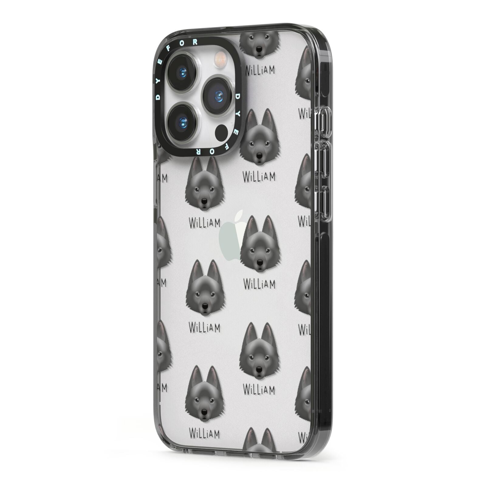 Schipperke Icon with Name iPhone 13 Pro Black Impact Case Side Angle on Silver phone