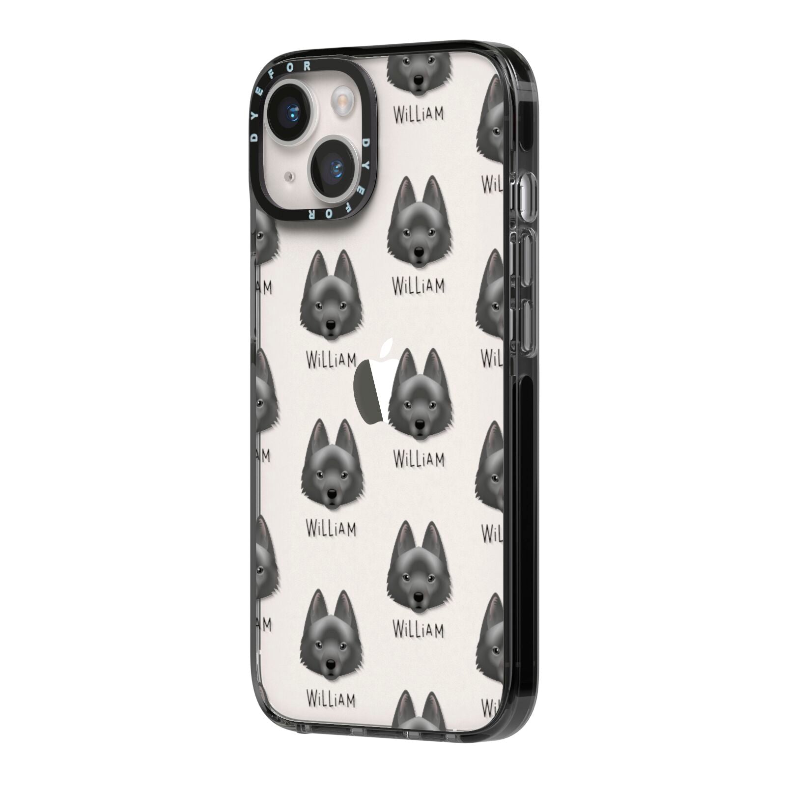 Schipperke Icon with Name iPhone 14 Black Impact Case Side Angle on Silver phone