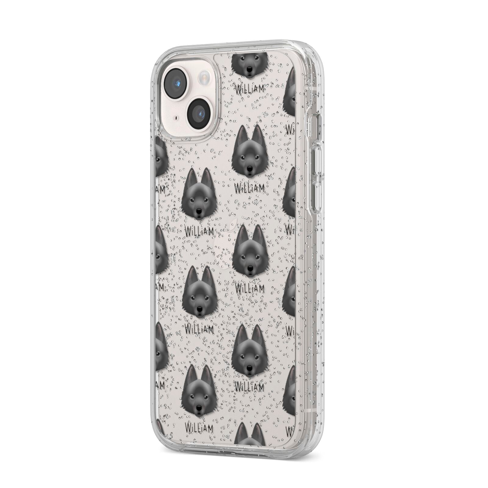 Schipperke Icon with Name iPhone 14 Plus Glitter Tough Case Starlight Angled Image