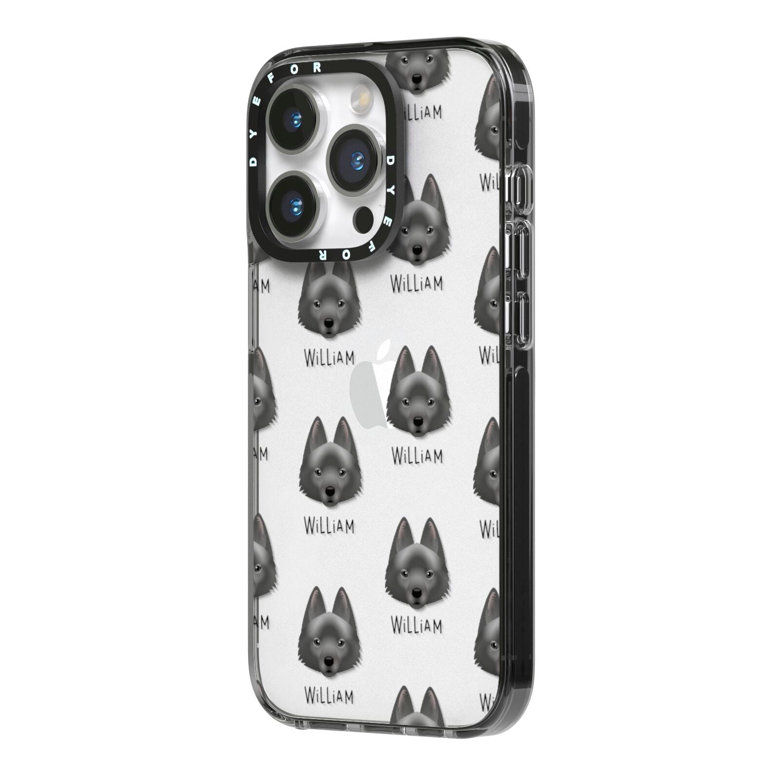 Schipperke Icon with Name iPhone 14 Pro Black Impact Case Side Angle on Silver phone