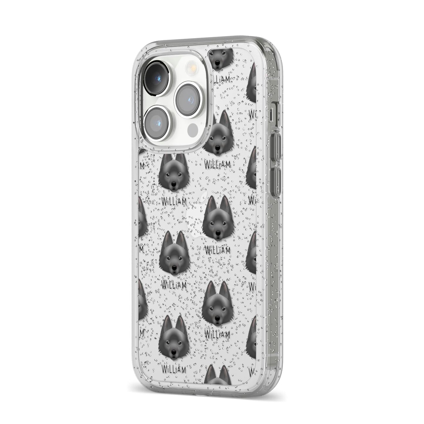 Schipperke Icon with Name iPhone 14 Pro Glitter Tough Case Silver Angled Image