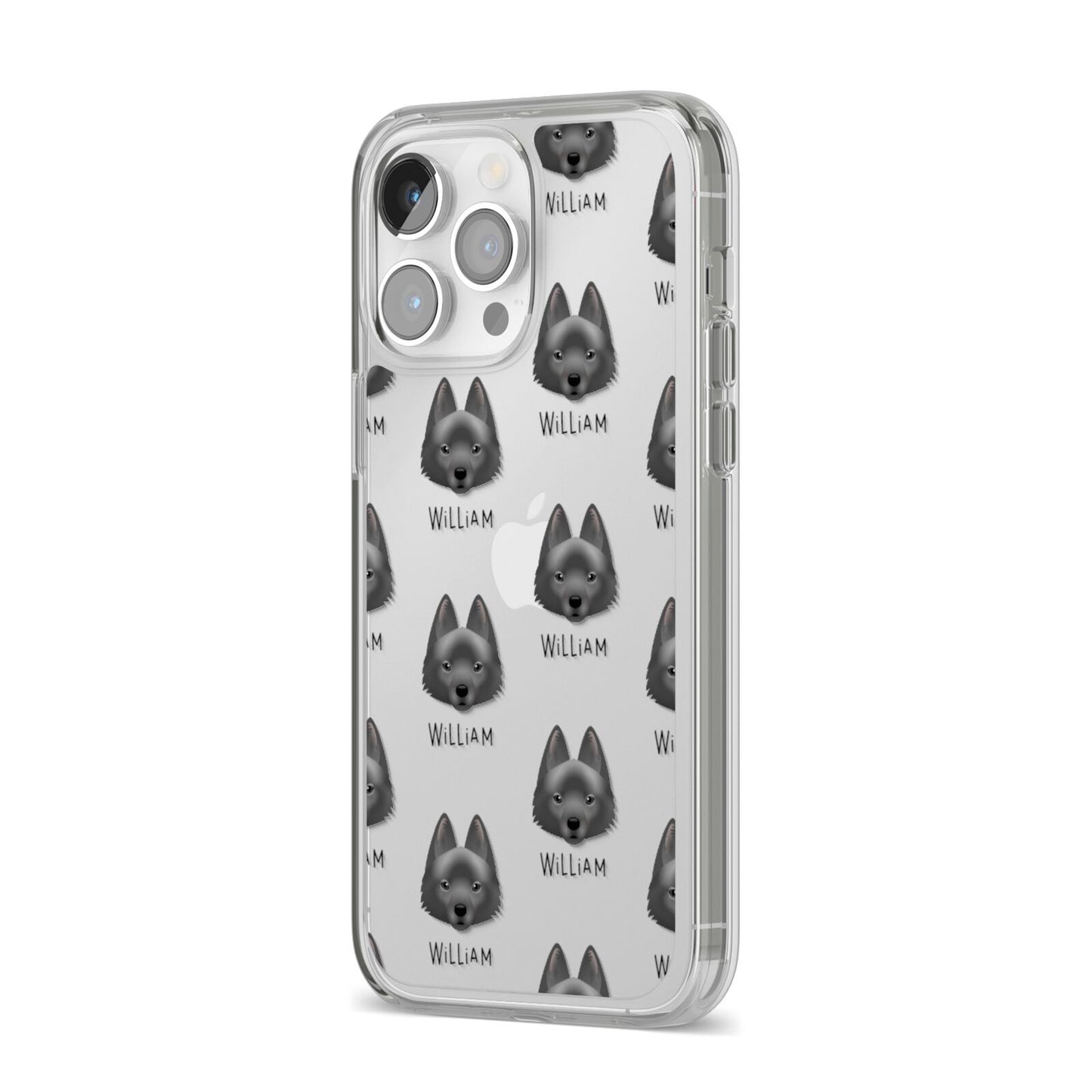 Schipperke Icon with Name iPhone 14 Pro Max Clear Tough Case Silver Angled Image