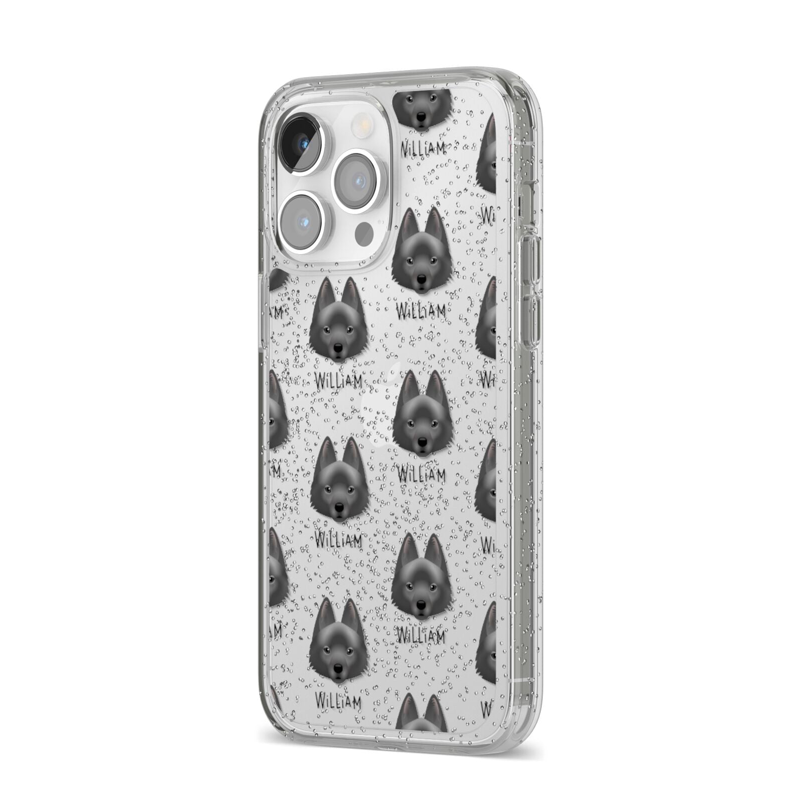 Schipperke Icon with Name iPhone 14 Pro Max Glitter Tough Case Silver Angled Image