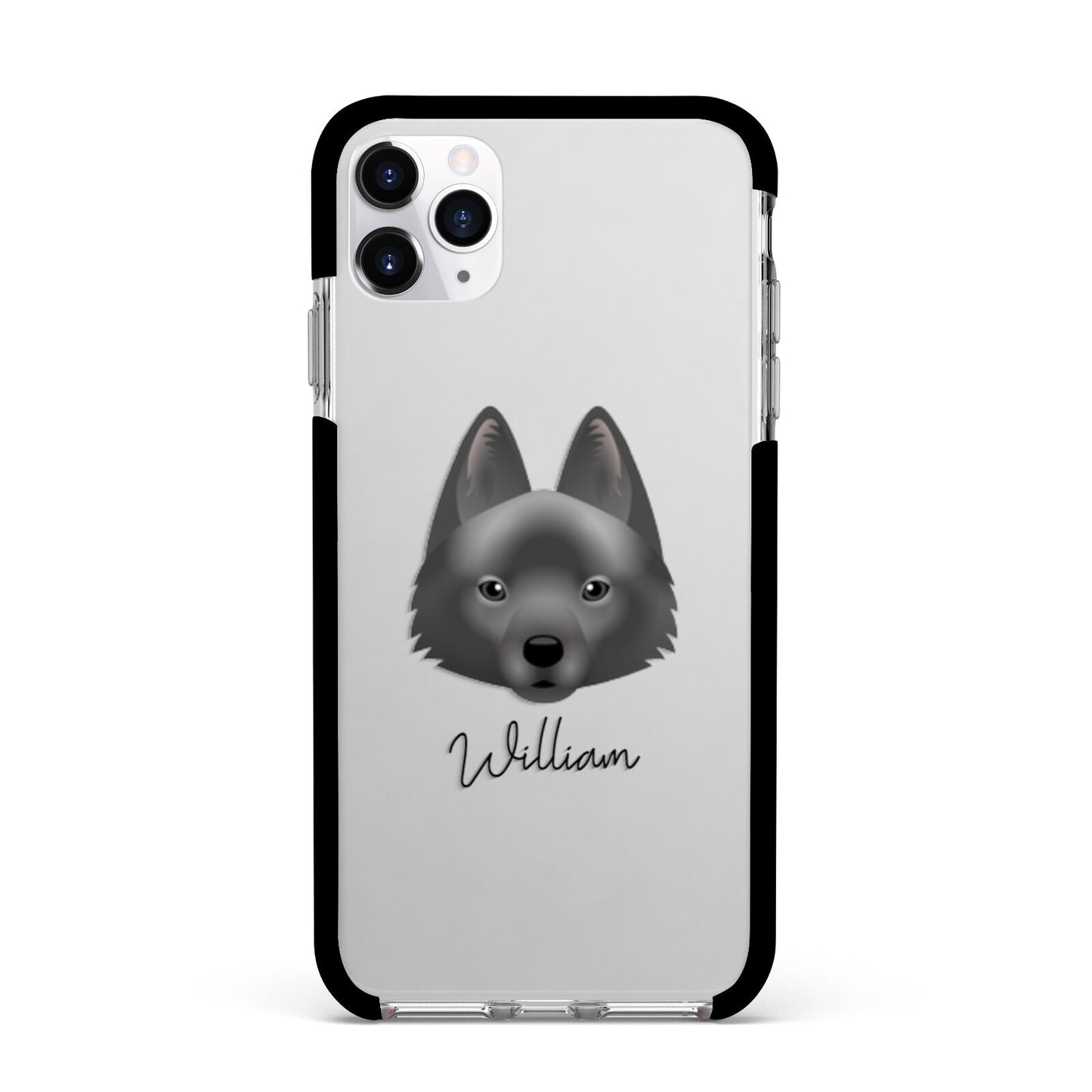 Schipperke Personalised Apple iPhone 11 Pro Max in Silver with Black Impact Case