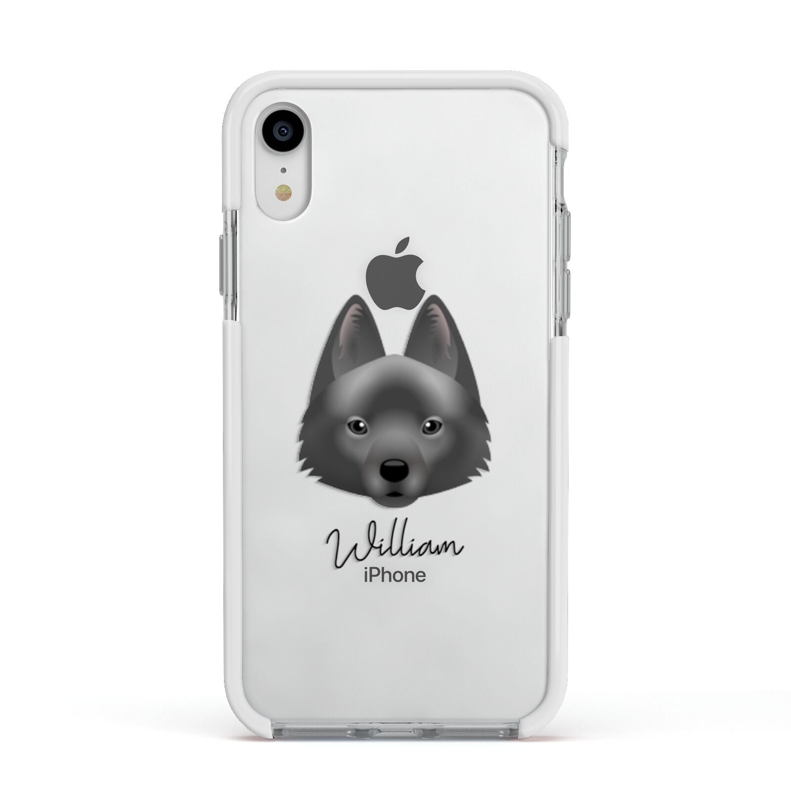 Schipperke Personalised Apple iPhone XR Impact Case White Edge on Silver Phone