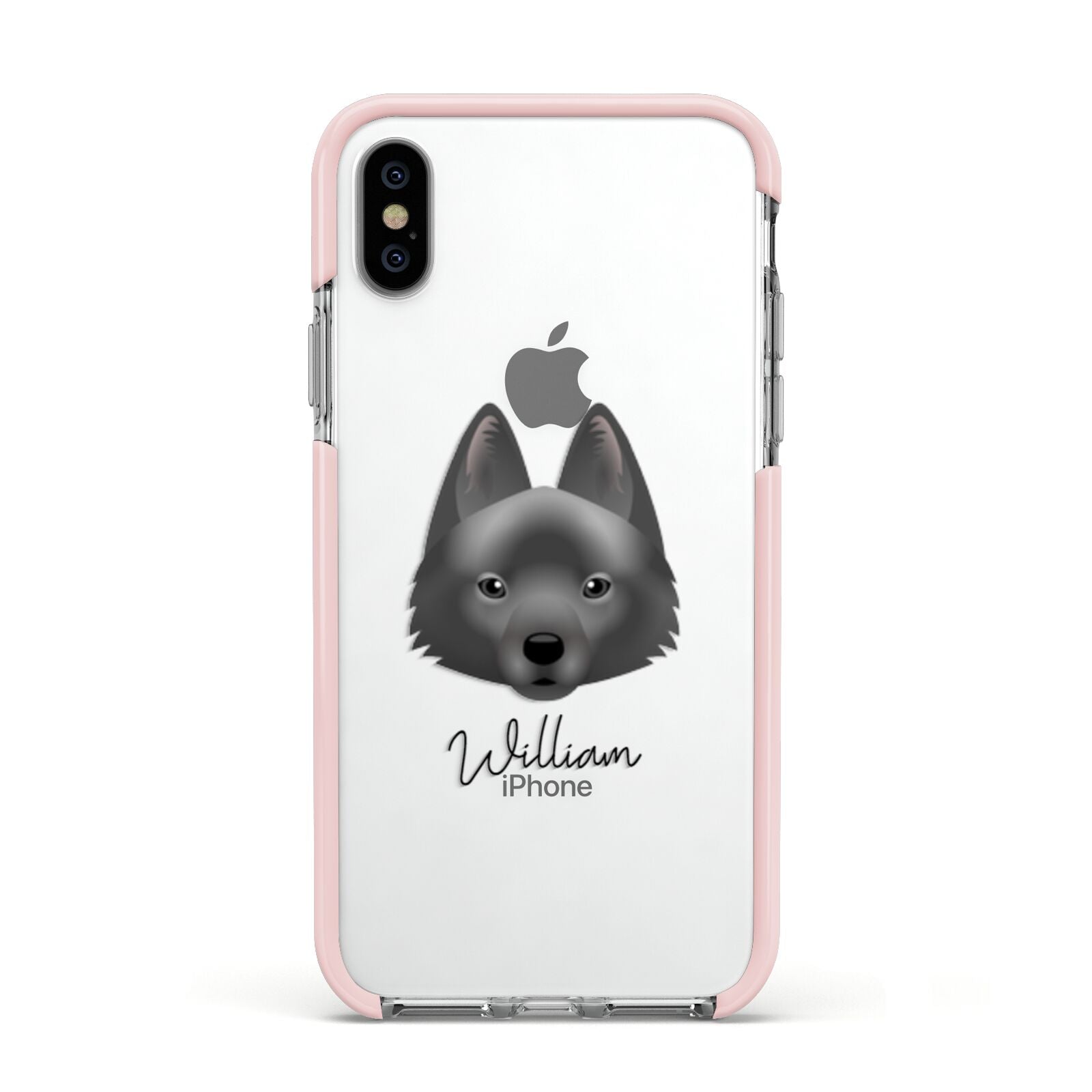 Schipperke Personalised Apple iPhone Xs Impact Case Pink Edge on Silver Phone