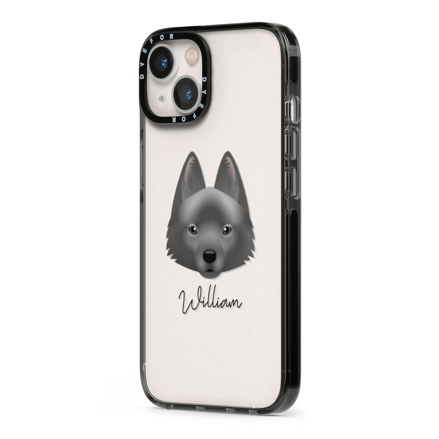 Schipperke Personalised iPhone 13 Black Impact Case Side Angle on Silver phone