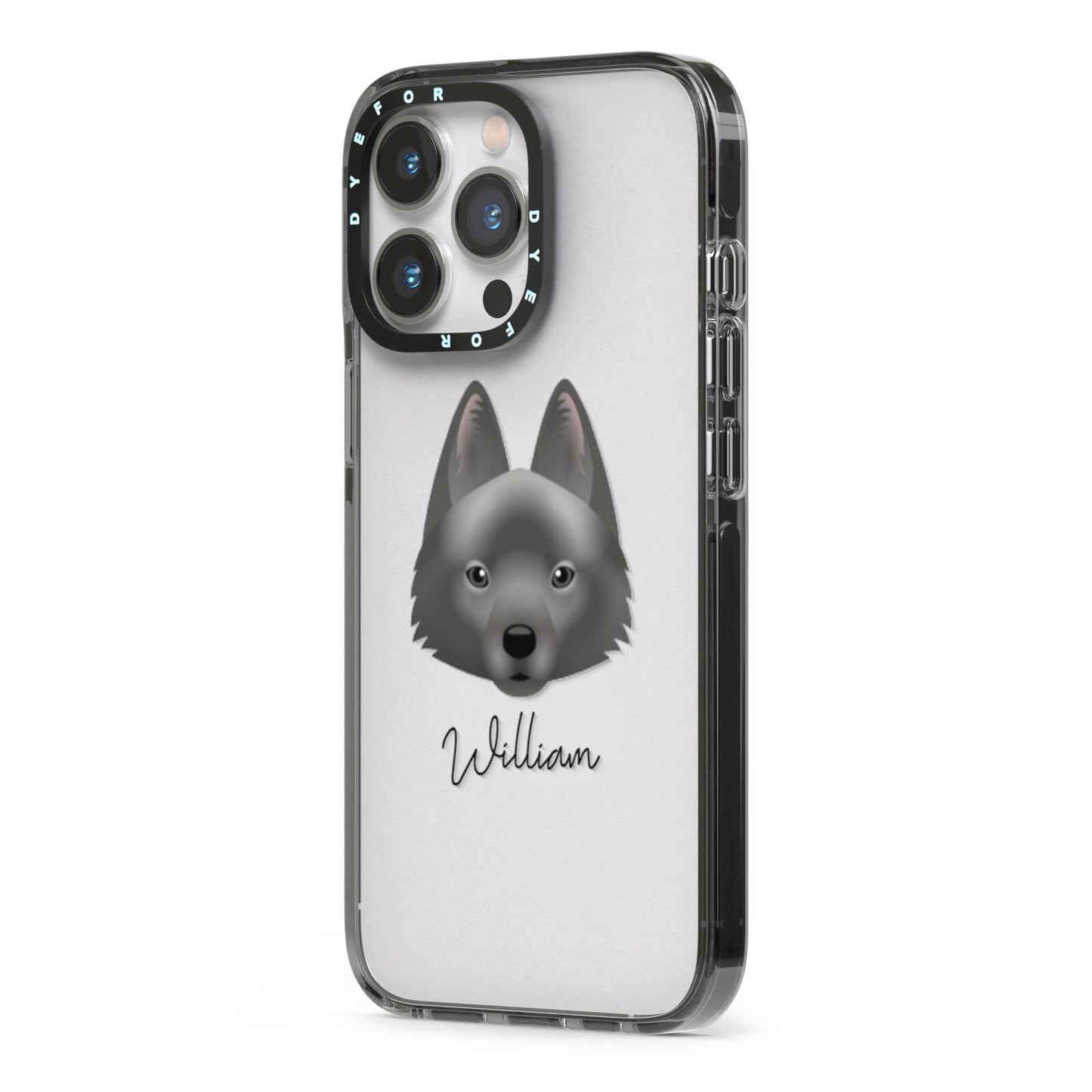 Schipperke Personalised iPhone 13 Pro Black Impact Case Side Angle on Silver phone