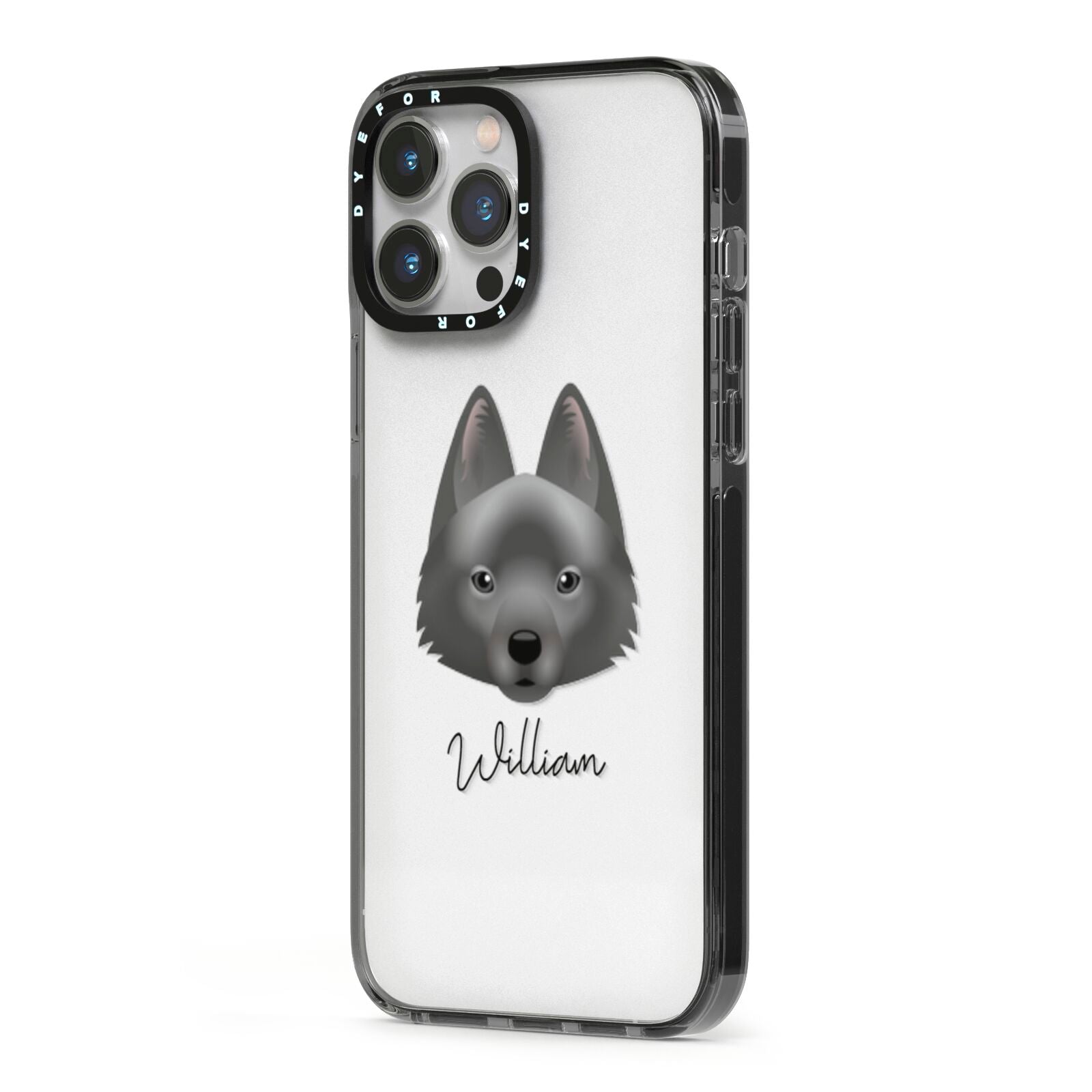 Schipperke Personalised iPhone 13 Pro Max Black Impact Case Side Angle on Silver phone