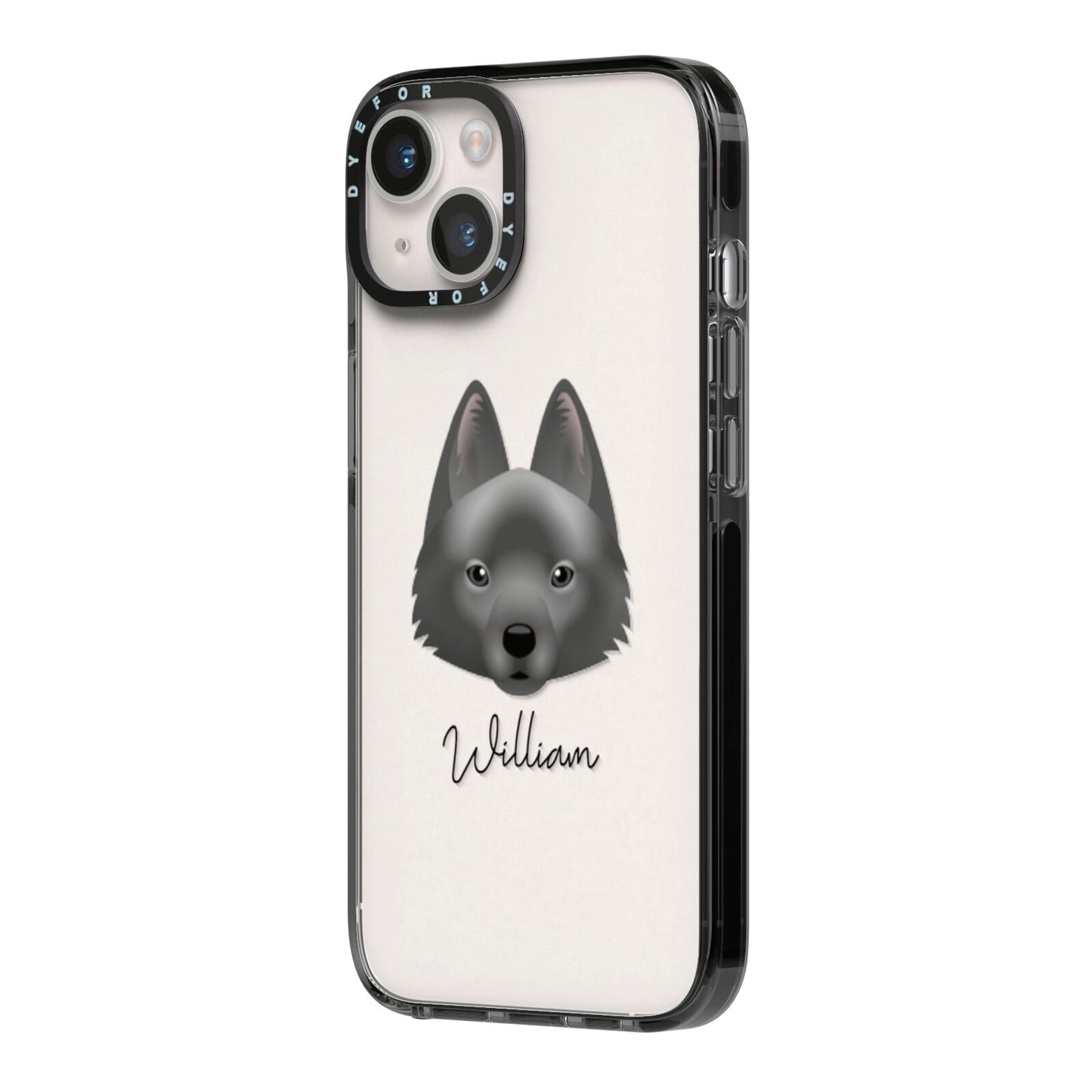 Schipperke Personalised iPhone 14 Black Impact Case Side Angle on Silver phone