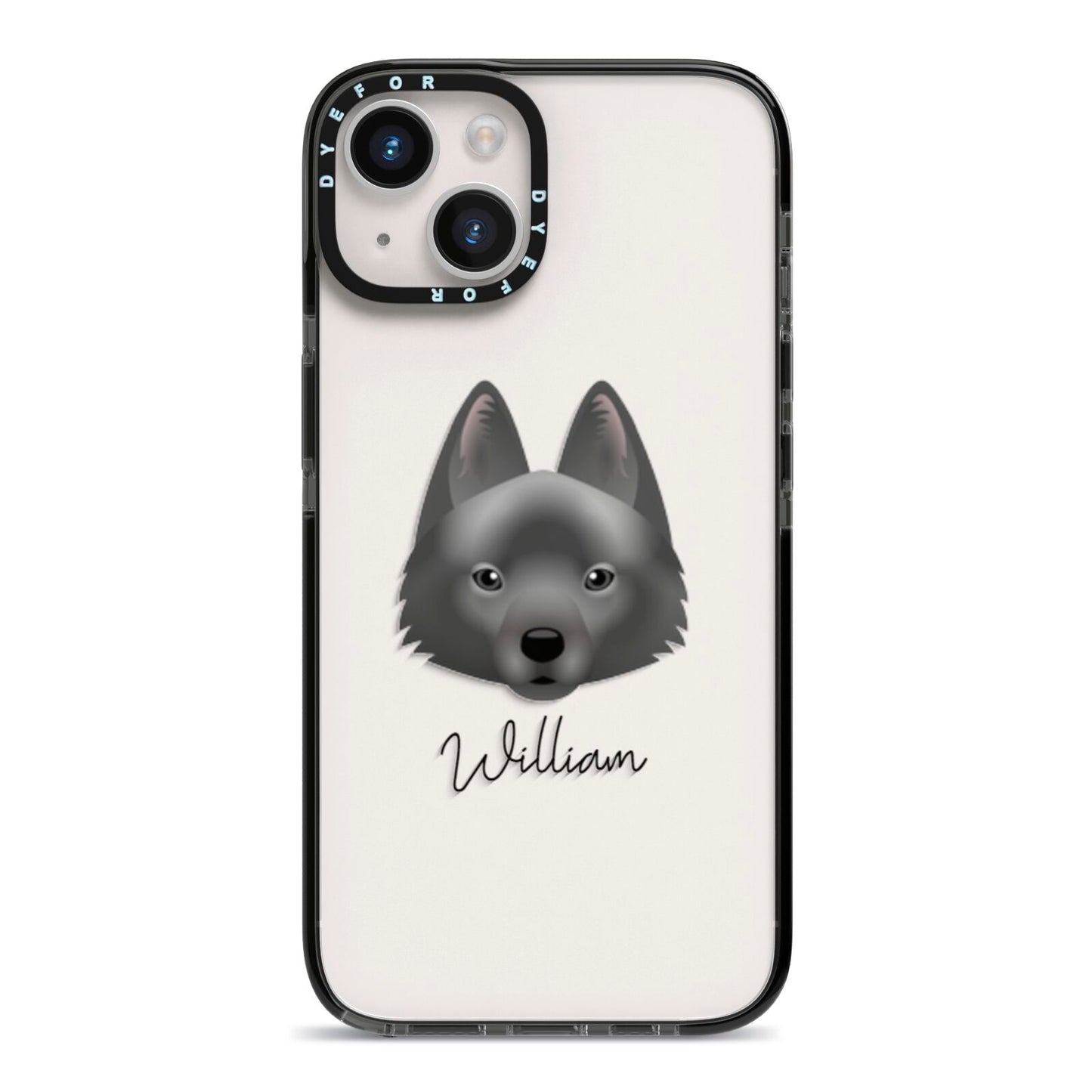 Schipperke Personalised iPhone 14 Black Impact Case on Silver phone