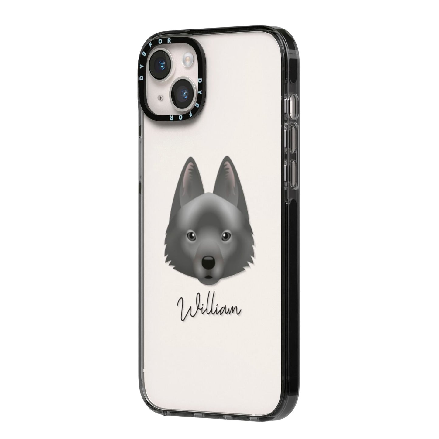 Schipperke Personalised iPhone 14 Plus Black Impact Case Side Angle on Silver phone