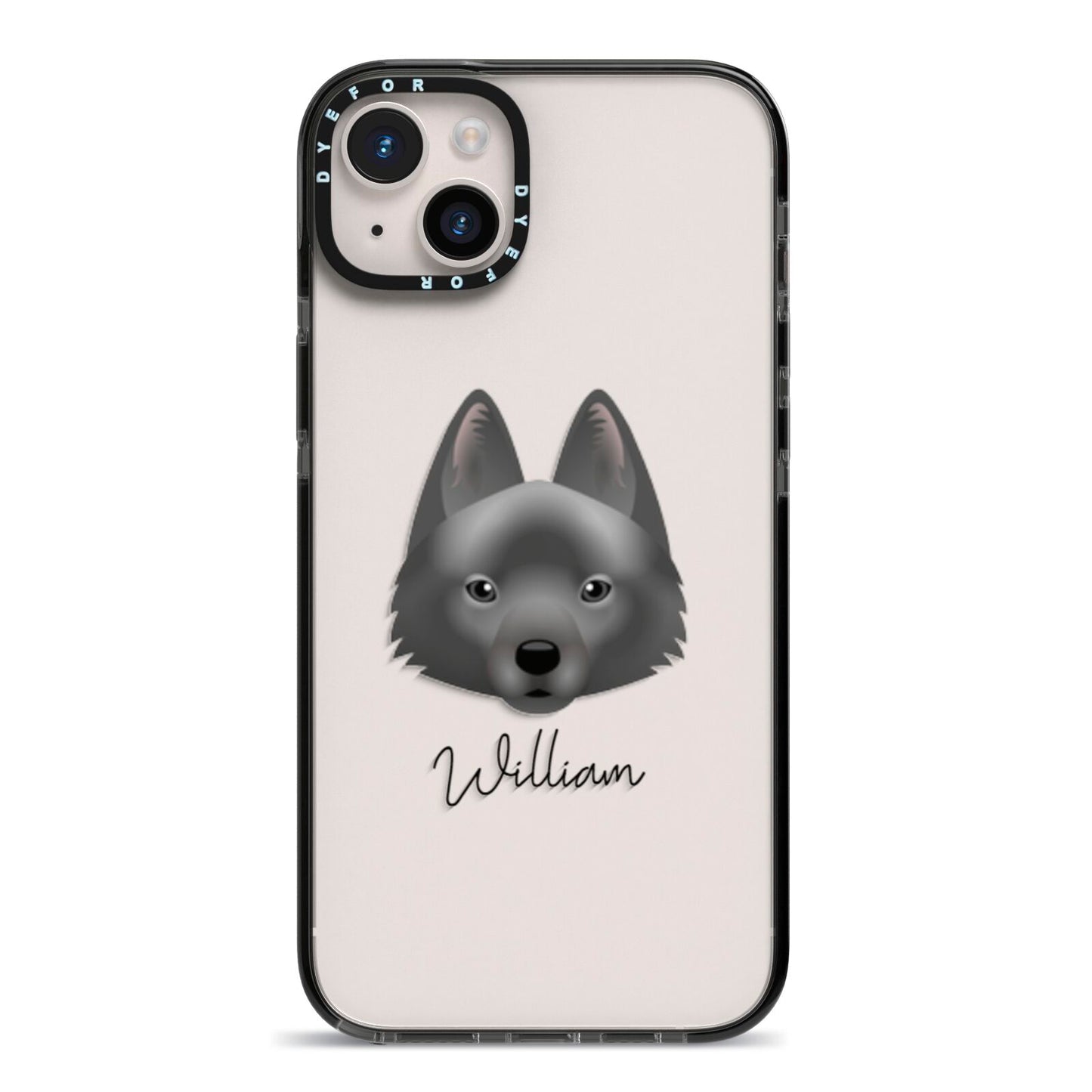 Schipperke Personalised iPhone 14 Plus Black Impact Case on Silver phone