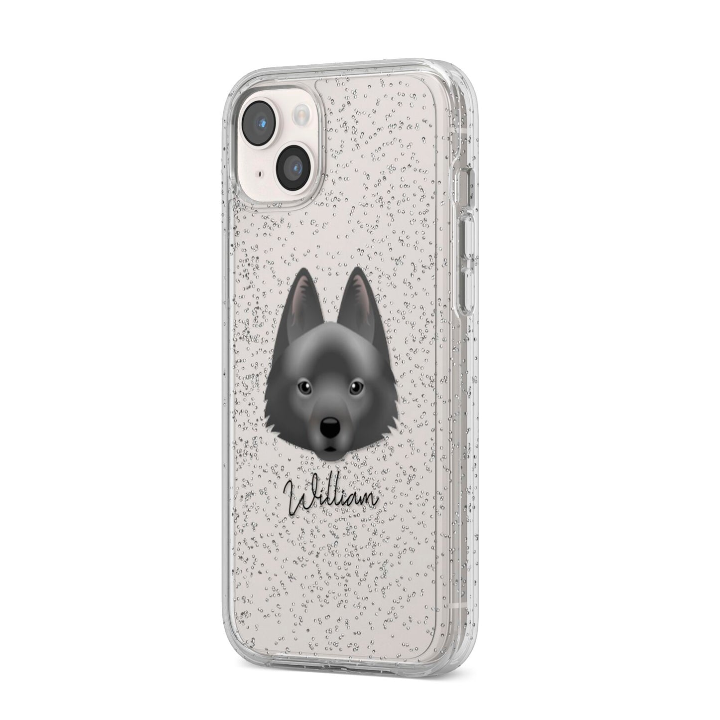 Schipperke Personalised iPhone 14 Plus Glitter Tough Case Starlight Angled Image