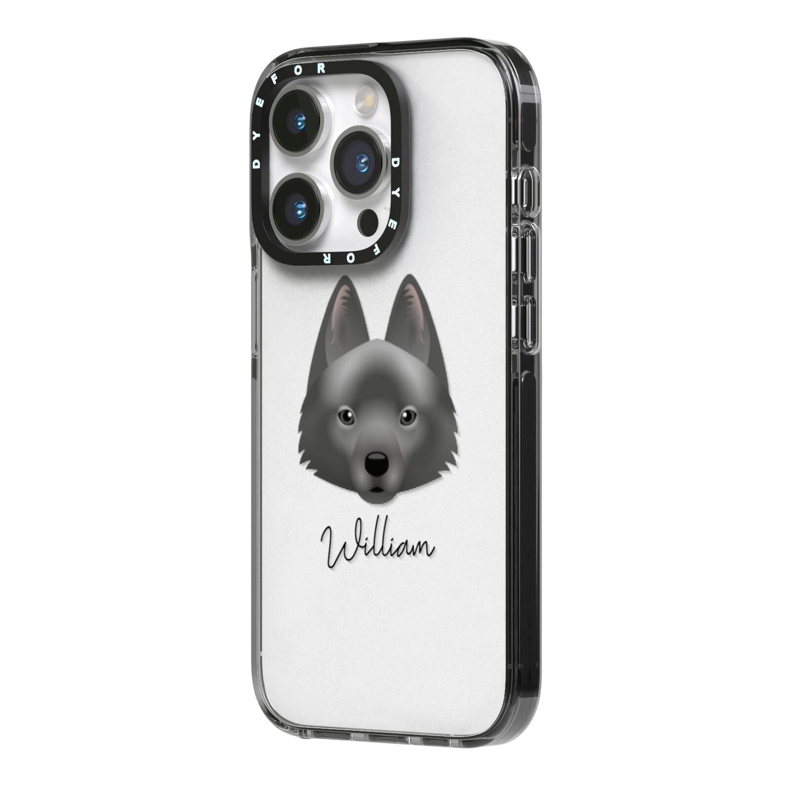 Schipperke Personalised iPhone 14 Pro Black Impact Case Side Angle on Silver phone