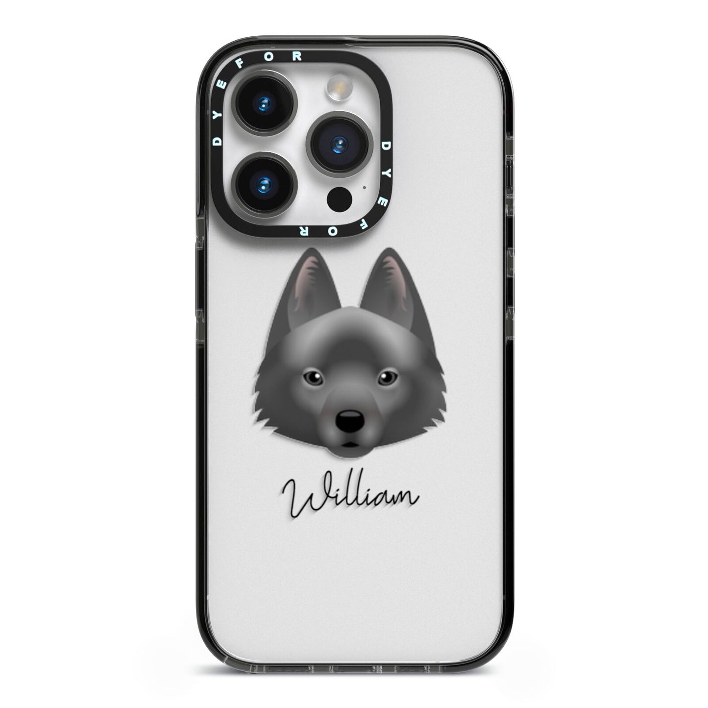 Schipperke Personalised iPhone 14 Pro Black Impact Case on Silver phone