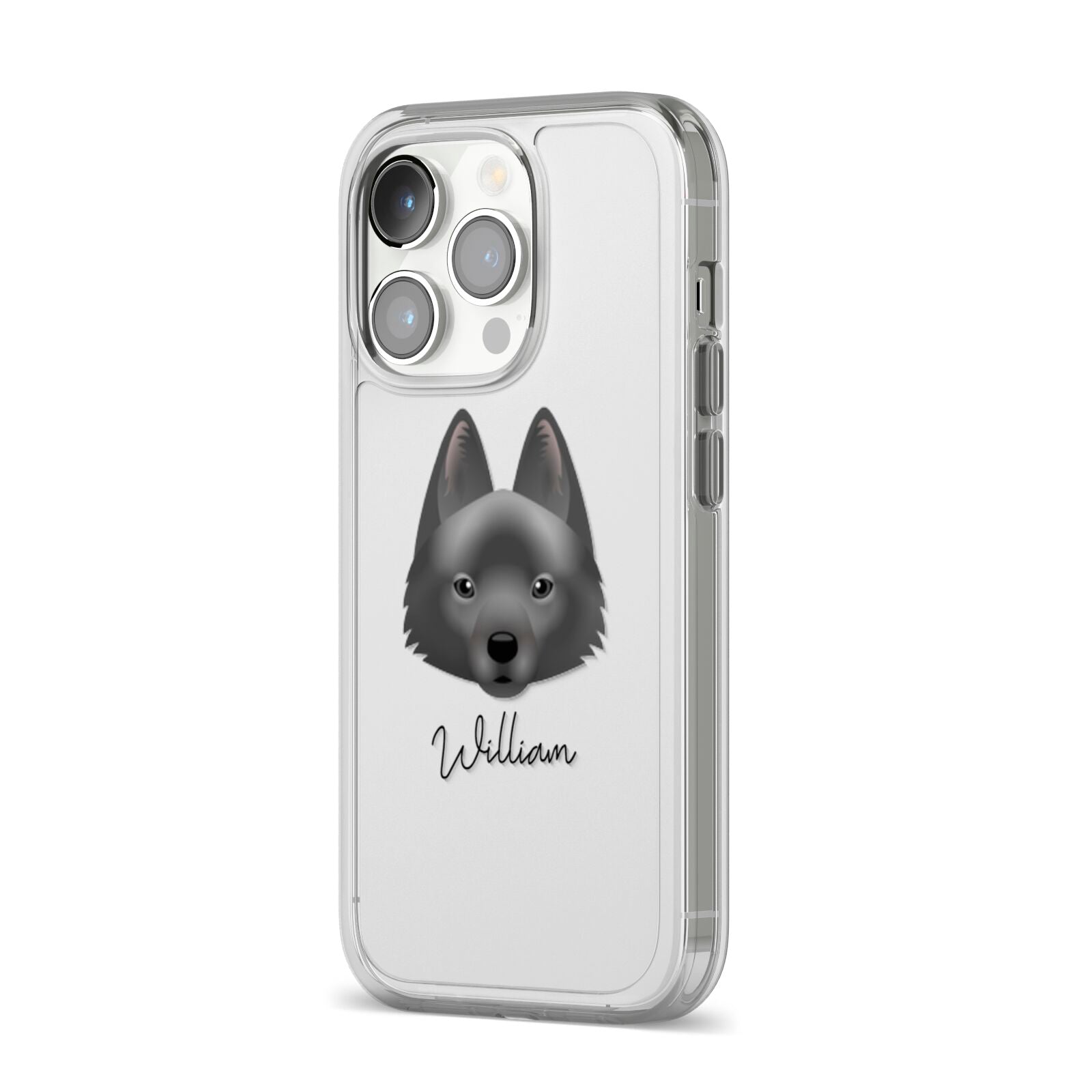 Schipperke Personalised iPhone 14 Pro Clear Tough Case Silver Angled Image