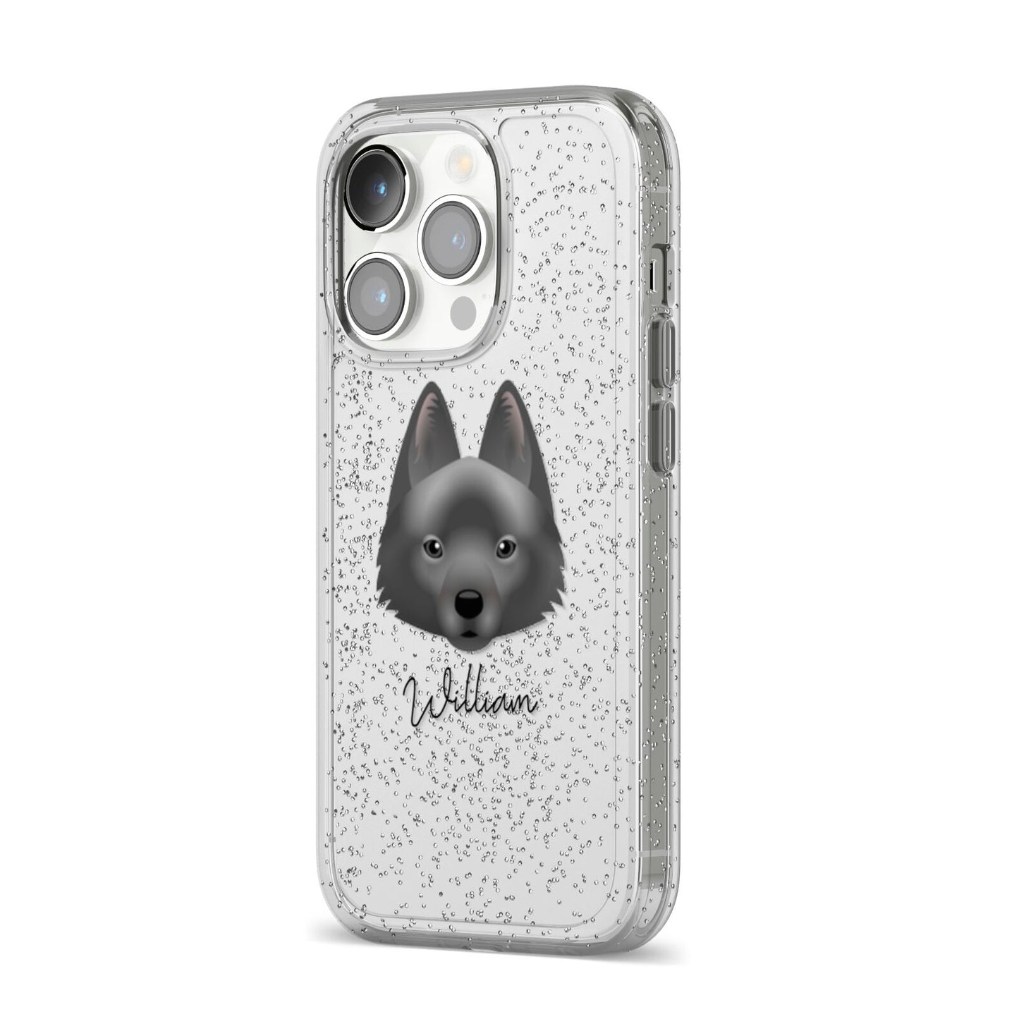 Schipperke Personalised iPhone 14 Pro Glitter Tough Case Silver Angled Image