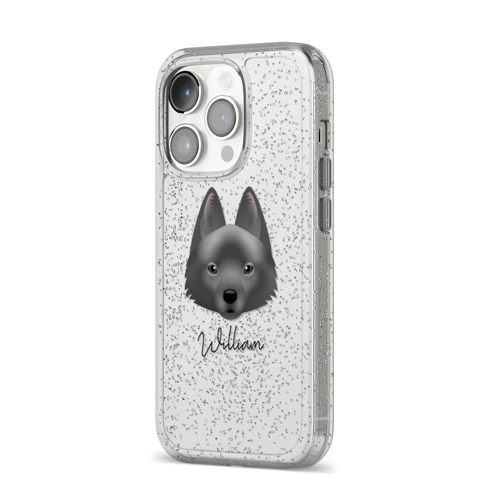Schipperke Personalised iPhone 14 Pro Glitter Tough Case Silver Angled Image