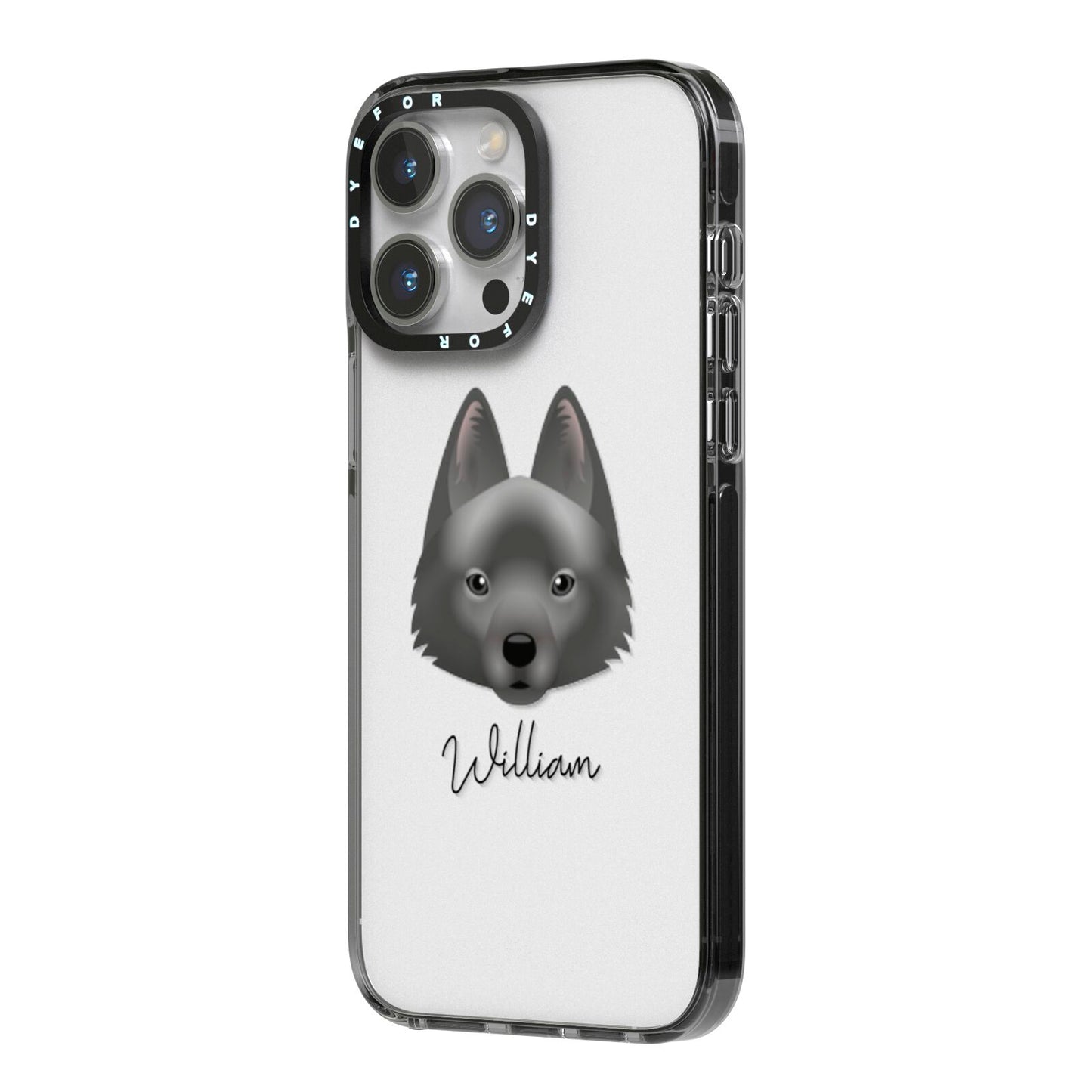 Schipperke Personalised iPhone 14 Pro Max Black Impact Case Side Angle on Silver phone