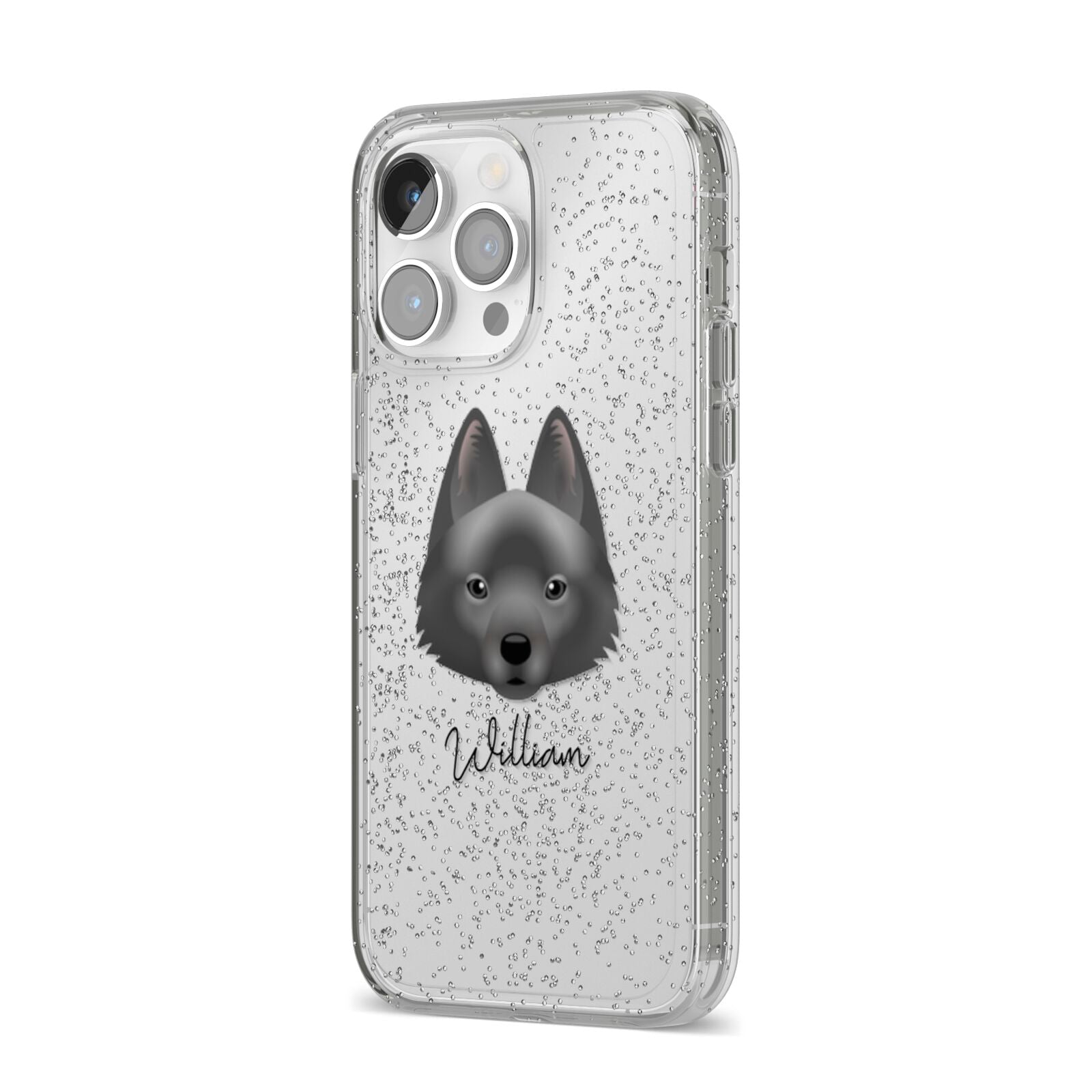 Schipperke Personalised iPhone 14 Pro Max Glitter Tough Case Silver Angled Image