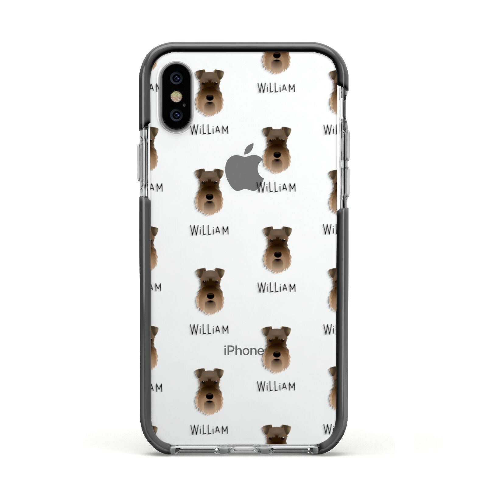 Schnauzer Icon with Name Apple iPhone Xs Impact Case Black Edge on Silver Phone