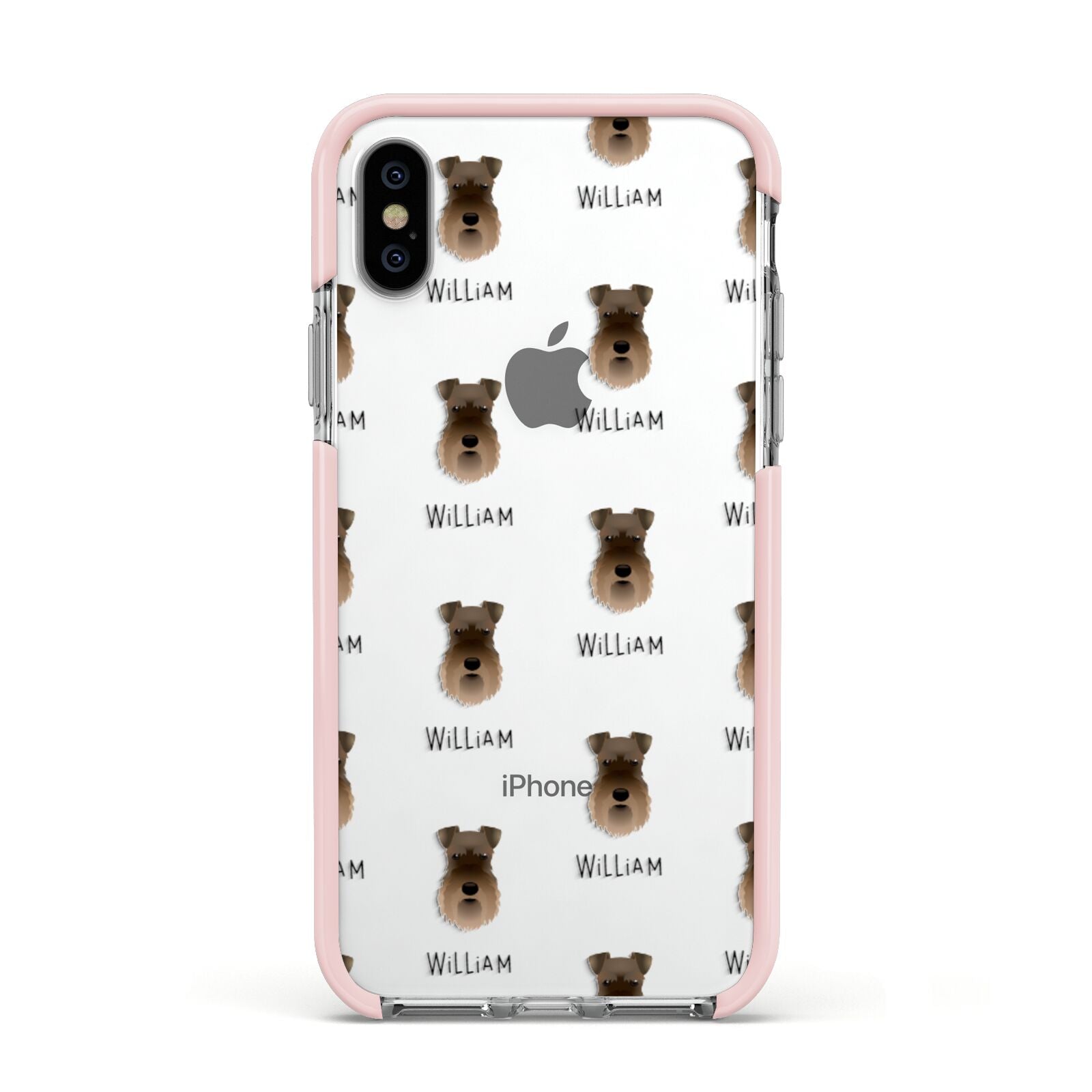 Schnauzer Icon with Name Apple iPhone Xs Impact Case Pink Edge on Silver Phone