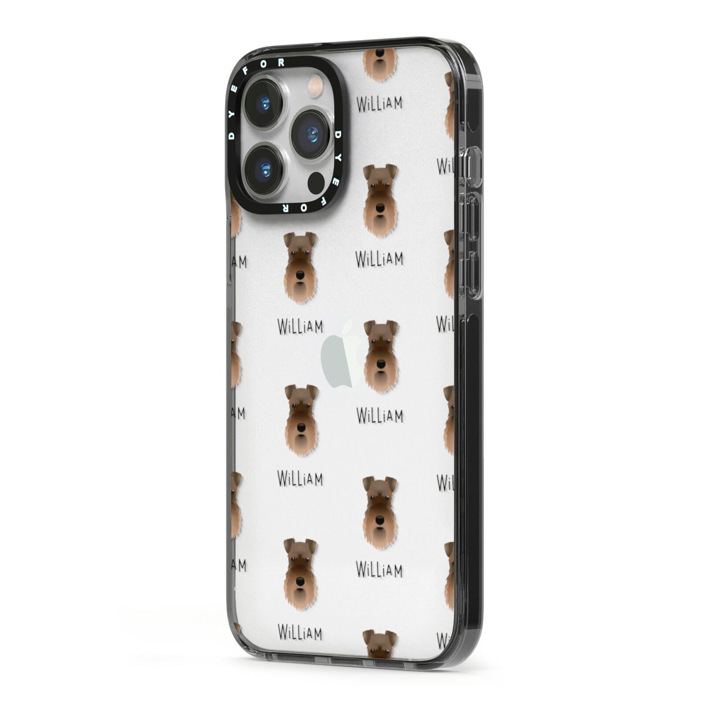 Schnauzer Icon with Name iPhone 13 Pro Max Black Impact Case Side Angle on Silver phone
