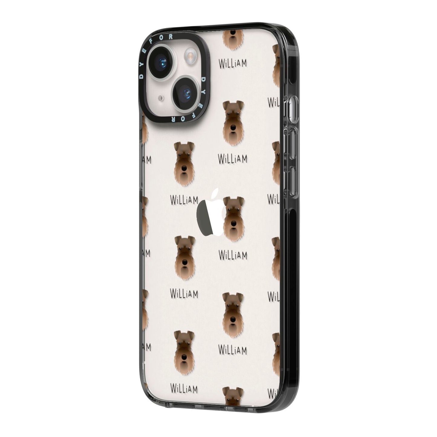 Schnauzer Icon with Name iPhone 14 Black Impact Case Side Angle on Silver phone
