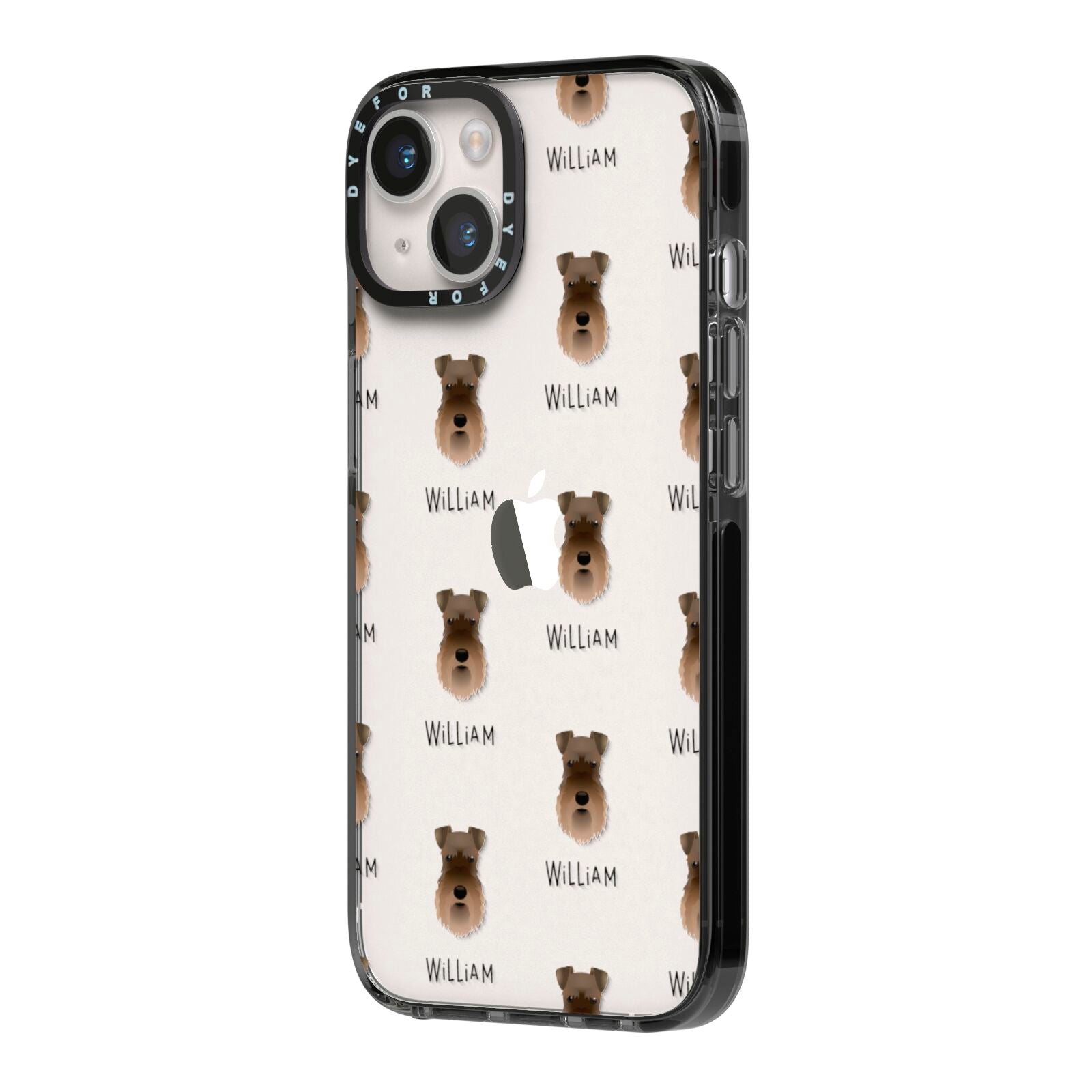 Schnauzer Icon with Name iPhone 14 Black Impact Case Side Angle on Silver phone