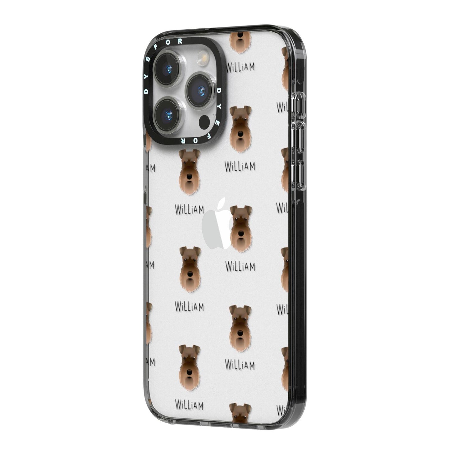 Schnauzer Icon with Name iPhone 14 Pro Max Black Impact Case Side Angle on Silver phone