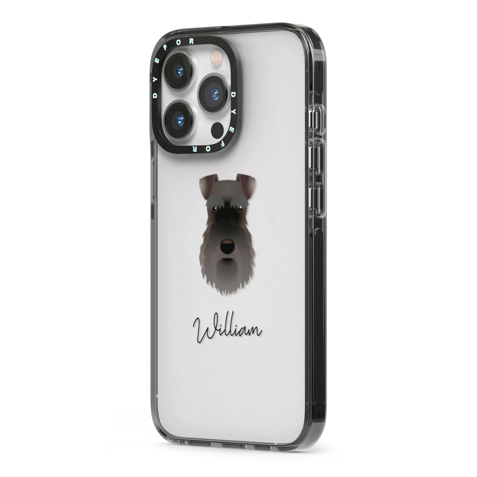 Schnauzer Personalised iPhone 13 Pro Black Impact Case Side Angle on Silver phone