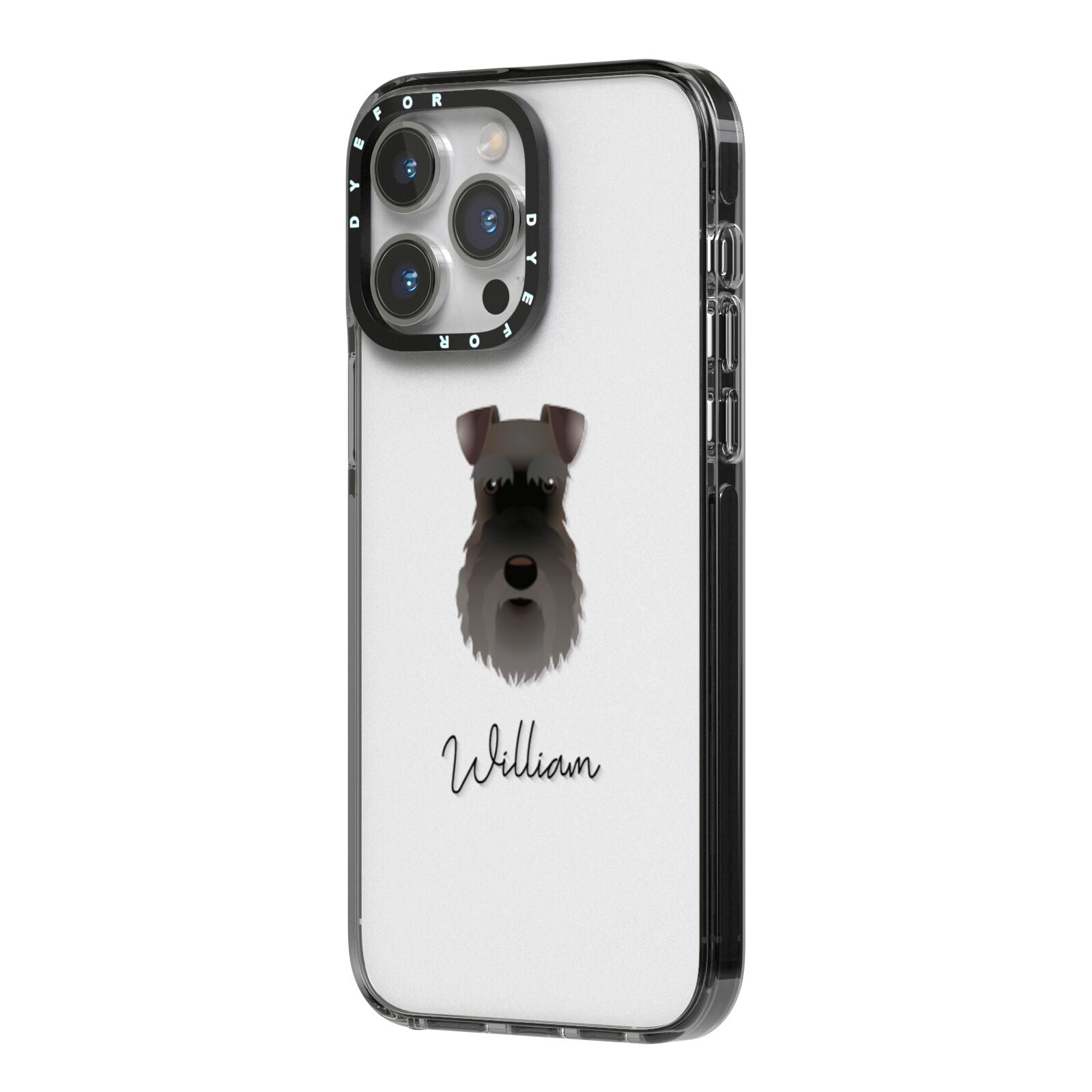 Schnauzer Personalised iPhone 14 Pro Max Black Impact Case Side Angle on Silver phone