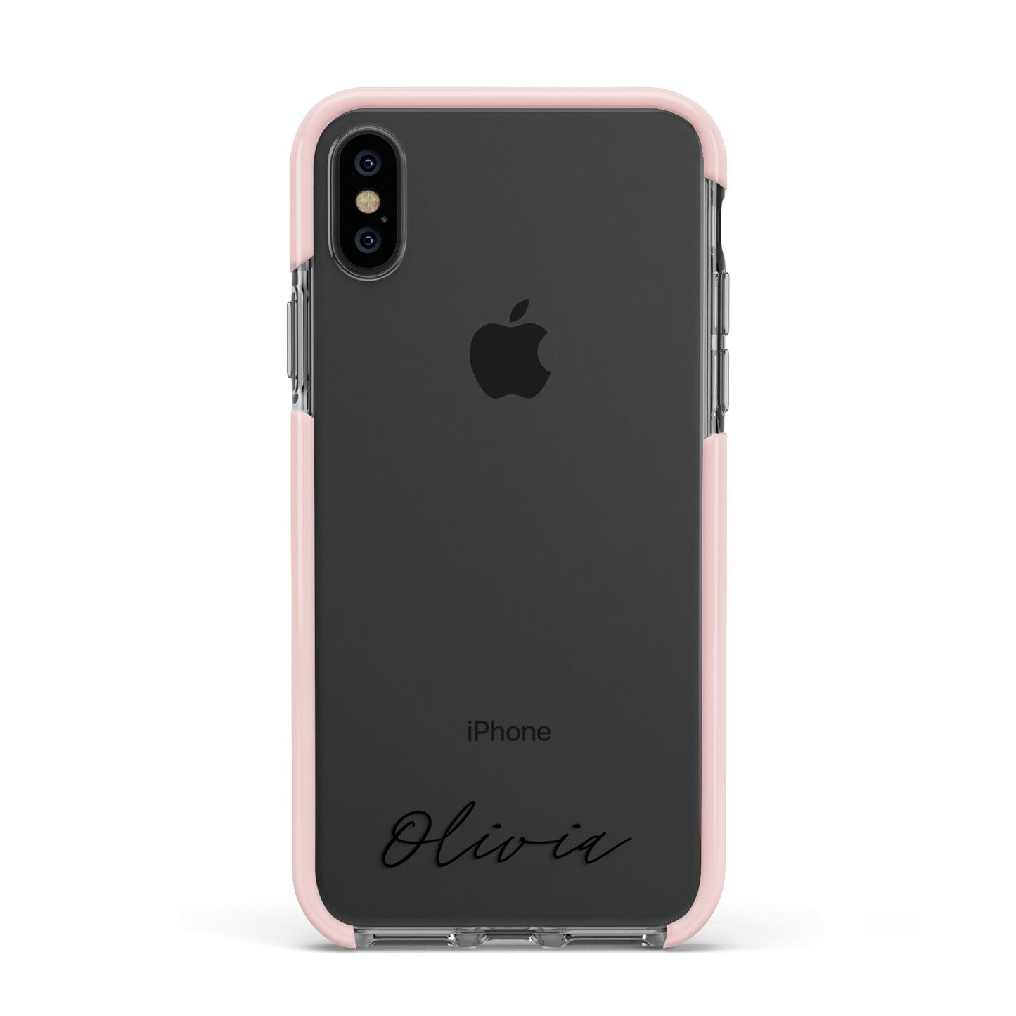 Scroll Text Name Apple iPhone Xs Impact Case Pink Edge on Black Phone