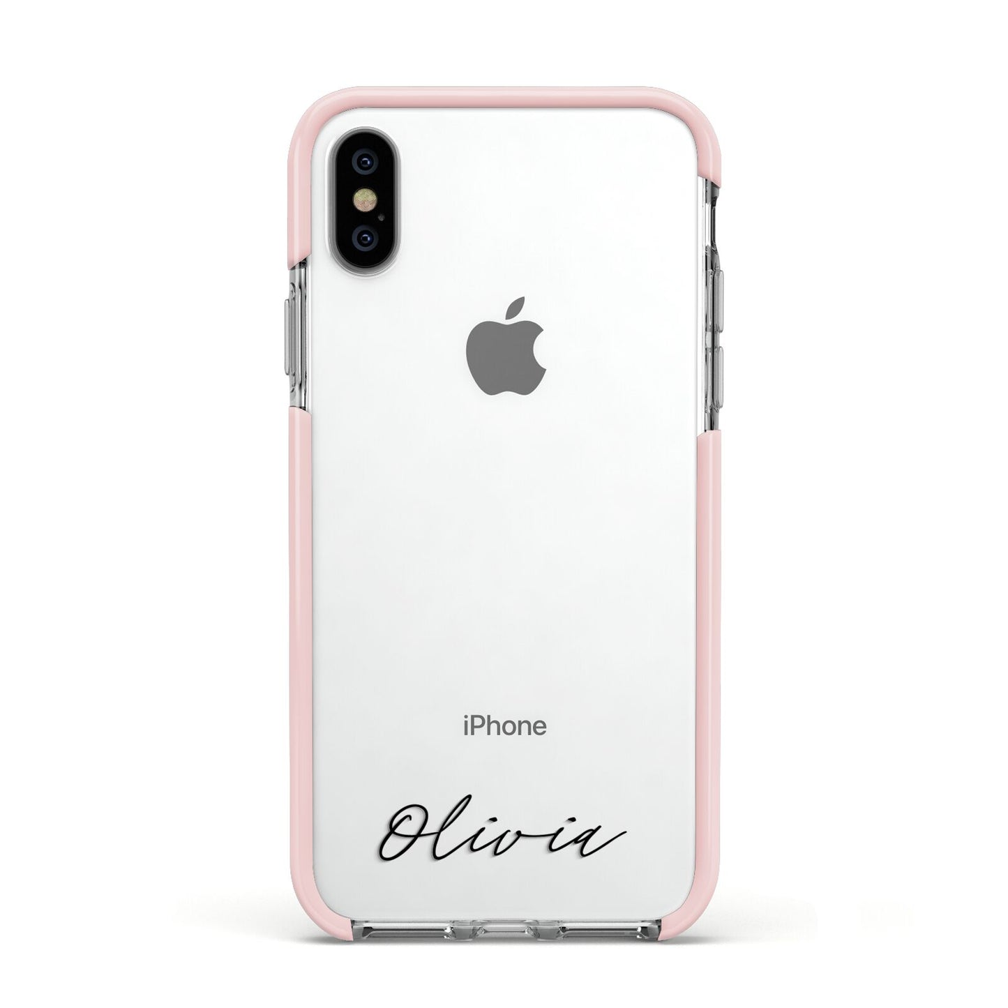 Scroll Text Name Apple iPhone Xs Impact Case Pink Edge on Silver Phone