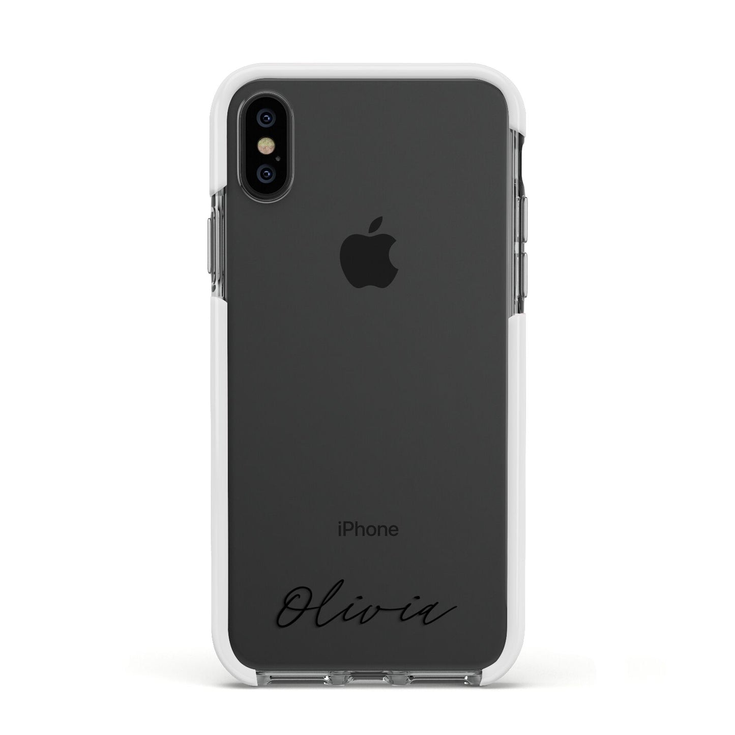 Scroll Text Name Apple iPhone Xs Impact Case White Edge on Black Phone